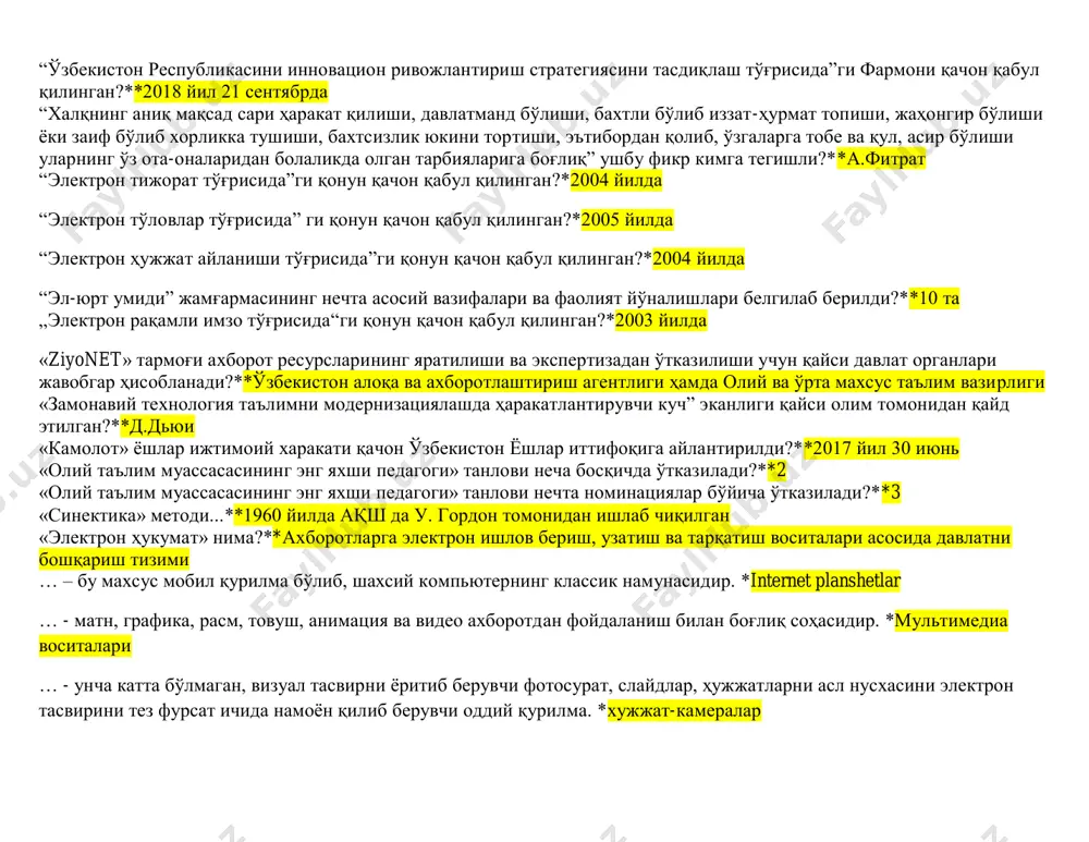 ртасидаги фарқ” . . . . . . . деб аталади:**тизимли муаммо “тошкент давлат педагогика университети фаолиятини янада такомиллаштириш чора-тадбирлари тўғрисида” ги ўзбекистон республикаси вазирлар маҳкамасининг қарори қачон қабул қилинди?**2016 йил 13 май, 153-сон “тошкент давлат техника университети фаолиятини янада такомиллаштириш чора-тадбирлари тўғрисида” ги ўзбекистон республикаси президентининг қарори қачон қабул қилинган?**2016 йил 2 май, пқ-2524-сон “тугалланмаган расмлар” тестининг муаллифи – бу ...**эллис торренс “ўзбекистон ёшлар иттифоқи” қайси қарор асосида ташкил этилди?**ўзбекистон респубилкаси президентининг 2017 йил 5 июлдаги фармонига “ўзбекистон миллий университети фаолиятини янада такомиллаштириш чора-тадбирлари тўғрисида” ги ўзбекистон республикаси президентининг қарори қачон қабул қилинган?**2016 йил 11 май, пқ-2527-сон “ўзбекистон республикасини инновацион ривожлантириш стратегиясини тасдиқлаш тўғрисида”ги фармони қачон қабул қилинган?**2018 йил 21 сентябрда “халқнинг аниқ мақсад сари ҳаракат қилиши, давлатманд бўлиши, бахтли бўлиб иззат-ҳурмат топиши, жаҳонгир бўлиши ёки заиф бўлиб хорликка тушиши, бахтсизлик юкини тортиши, эътибордан қолиб, ўзгаларга тобе ва қул, асир бўлиши уларнинг ўз ота-оналаридан болаликда олган тарбияларига боғлиқ” ушбу …