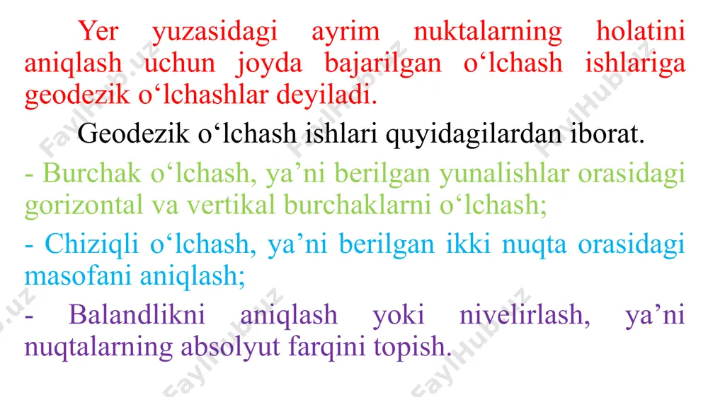 ng yo’naltirish vinti,16–adilakni sozlash vinti, 17–ustun, 18–ipli truba ob’yektivi, 19–mikroskopni yoritish uchun darcha 2t30п teodolitining orqa tomonidan ko’rinishi б) oriyentirlash bussoli в) trubaning ko’rish maydoni 1–kallak 2–o’rnatkich vint, 3–oyoq, 4–uch oyoq, 5–ko’tarish kamari, 6–tayanch, 7–cheklagich, 8–qisish bloki shtativ teodolitning o`rnatish qismlariga quyidagi ish qurollari kiradi. shtativ – metal yoki yog`chdan yasalgan qurol hisoblanib, u yerdan bir muncha kutarilib, ishlash uchun qulaylik to`g`diradi. shovun – oddiy va optik bo’ladi. oddiy shovun – og`irligi 100 – 150 gramm keladigan uchli metall qadoqtoshdan iborat. taglik – teodolitning ish qismini shtativga birlashtiradi. adilak – geodezik asboblarning o`qlarini gorizontal yoki vertilal holatiga keltirish hamda ish jarayonida asbobning holatini kuzatish uchun xizmat qiladi. adilaklar bo`lishi mumkin silindrik va doiraviy teodolitning ishchi qismlariga quyidagi yelementlar kiradi. limb – metall yoki shishadan yasaladi. limb doira shaklida bo`lib, teng qilib shtrixlarga bo`linadi. limb bo`laklarining har biri 10, 5 yoki 1 gradus qiymati soat mili yo`nalishi bo`yicha 0 dan 360 …