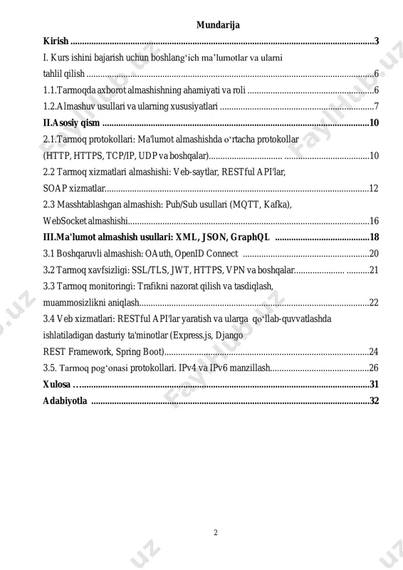 ..........................24 3.5. tarmoq pog‘onasi protokollari. ipv4 va ipv6 manzillash...........................................26 xulosa ….............................................................................................................................31 adabiyotla .........................................................................................................................32 3 kirish. kurs ishini dolzarbligi. mamlakatimiz siyosatining ustuvor yo‘nalishlariga kiritilgan kompyuter va axborot texnologiyalari, telekomunikatsiya, ma’lumotlarni uzatish tarmoqlari, internet xizmatlaridan foydalanish rivojlanmoqda va modernizatsiyalashmoqda. jamiyatimizning barcha sohalariga kundalik hayotimizga zamonaviy axborot texnologiyalarini keng joriy etish istiqboldagi maqsadlarimizga erishishni ta’minlaydi. har bir soha faoliyatida internet tarmog‘idan foydalanish ish unumdorligini oshirmoqda. aynan tarmoqdan foydalangan holda tezkor ma’lumot almashish vaqtdan yutish imkonini beradi. xususan, yurtimizda elektron hukumat tizimi shakllantirilishi va uning zamirida davlat boshqaruv organlari hamda aholi o‘rtasidagi o‘zaro aloqaning mustahkamlanishini tashkil etish tarmoqdan foydalangan holda amalga oshadi. tarmoqdan samarali foydalanish demokratik axborotlashgan jamiyatni shakllantirishni ta’minlaydi. bunday jamiyatda, axborot almashinuv tezligi yuksaladi, axborotlarni yig‘ish, saqlash, qayta ishlash va ulardan foydalanish bo‘yicha tezkor natijaga ega bo‘linadi. kurs ishining maqsadi. ushbu kurs ishni maqsadi tarmoqda axborot almashish usullarni berilgan talabga asosan xavfsiz tashkil etishni tadbiq qilish. kurs ishini tuzilmasi. kirish, asosiy qism …