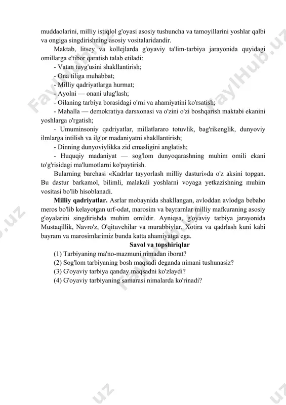 ar bor. bolani to'g'ri tarbiyalash uchun, awalo, ota-onaning o'zi tarbiyalangan bo'lishi kerak. ota-ona bo'lishlik g'oyatda mas'uliyatli vazifa. oiladagi tarbiya jamiyatimiz manfaatiga mos bo'lishi uchun, awalo, ular mas'ul, shu bois birinchi galda ota-onaning o'zi ham ma'naviy, ham psixologik jihatdan tarbiyalangan bo'lishi lozim. kasbni puxta egallash va fidoyilik bilan mehnat qilishi uchun ilm qanchalik zarur bo'lsa, fozil farzandlarni tarbiyalash uchun ham shunchalik muhimdir. o'rta asrda yashab ijod qilgan iste'dodli shoirlardan biri abdibek sheroziy ota-onaga, ayniqsa, ayol kishiga qanchalik zarur ekani to'g'risida shunday yozgan edi: «i ayol uchun ziynat. aqlini nodonlikdan xalos etgan har bir ayoi nomus, izzat, ayollik kabi haqiqatlar qadrini tushunib yetadj bunday ayol hech bir ishda adashmaydi. ilmsiz ayol esa bola tarbiyalashda turli xatoliklarga yo'l qo'yadi». ota-ona bola taqdiri uchun jamiyat oldida javobgar hisoblanadi. ota-onalik burchiga e'tiborsiz qarash, fuqarolik mas'uliyatini his etrnaslik muhim ijtimoiy burchni bajarmaslik bilan barobardir. chunki, bolani dunyoga keltirishga nisbatan, uni jamiyatga nafi yetadigan, sog'lom e'tiqodli qilib …