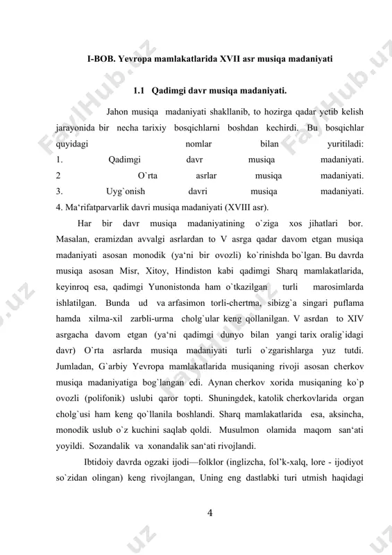 nsonlaming dam olish vositalaridan biriga ham aylandi. shu bois misrda musiqa “xi” ya’ni “orom olish” so‘zi bilan nomlanishi tabiiydir. jamoa sinflanishi davridan avval quyidagi cholg‘ular mavjud edi: qo‘ng‘iroqchalar, sistr, kolotushka hamda aerofonlaming ilk shakllari-hushtak va fleytalar. ilk, qadimiy va o’rta podsholik davrida (miloddan burun 3000-1700 asrlar) qamishdan yasalgan nay, uffata fleytalari, truba, arfa, turli xil barabanlar, shiqildoqlar amalda qo‘llanilgan. bu davrda piktografik notalashtirish va musiqani koinot jismlari bilan bog‘lash nazariyasming ilk namunalari paydo bo‘ladi. misr ibodatxonalarida o‘tkazilgan marosimlarda musiqa namunalaridan keng foydalanilgan. bu borada xudolar - osiris, isida, tot (ular musiqa san’atini yaratuvchilari deb hisoblangan)larga bag‘ishlab o‘tkazilgan ibotatlar alohida qayd qilinadi. qadimgi misr musiqa ladi (choig‘ular tuzilishining tahliliga ko‘ra) pentatonikaga asoslangan. shu bilan birga saroy musiqasi ham ma’lum darajada o‘ziga xos edi. saroyda ijro etilgan musiqa (xor qo‘shiqchiiigi, ayollarning qo‘shiq - yig‘ilari va raqslari) yurush harakatlari va dramatik epizodlar bilan birikib kelgan. miloddan avvalgi 3 ming yillikda misrda xeyronomiya rivoj …
