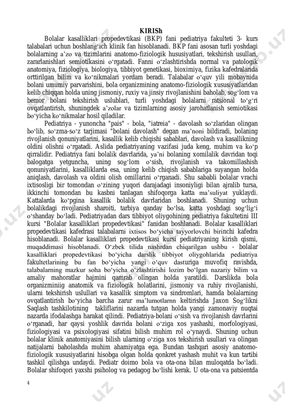 ari propedevtikasi quyidagilarni o‗rgatadi. bolalar kasalliklari propedevtikasi kursi fanidagi bo‗limlarni o‗z ichiga oladi: 1) bola organizmini anatomik va fiziologik xususiyatlari, jismoniy va asab-ruxiy rivojlanish qonuniyatlari; 2) bolani ob‘ektiv tekshirib, o‗ziga xos bo‗lgan anamnez yig‗ish usullari; 3) bolalar kasalliklarnni asosiy semiotikasi; 4) sog‗lom bolalarni ovqatlantirish qoidalari va bolalar ovqatini asosiylarini tayyorlash usullari, taomnoma tuzishni o‗rgatadi. bulardan tashqari bolalar kasalliklari propedevtikasi kursi vazifasiga bolalarni parvarish etish uslublari, hamda tibbiyot hamshirasi bajaradigan tibbiy muolajalarni mustaqil egallab olishni ta‘minlash vazifasi ham kiradi. vrach- pediatr mana shu sanab o‗tilgan bo‗limlarni aniq bilmay turib, pediatriya cohasi bo‗yicha profilaktika va davolash ishlarini olib borishligi mumkin emas. bolani yoshiga qarab unda kechayotgan morfologik va fiziologik jarayonini chuqur anglagan holdagina jismoniy va asab-ruxiy rivojlanishini, klinik va laborator tekshirishlarni to‗g‗ri baholash, bolalar kasalligini o‗ziga xosligini anglash mumkin. bolaning jismoniy, asab va ruhiy rivojlanishini faqat chuqur o‗zlashtirgan holdagina bola tarbiyasi, kun tartibini, maqsad va vazifalarini belgilab bergan. keyingi yuqorigi kurslarda pediatriya …