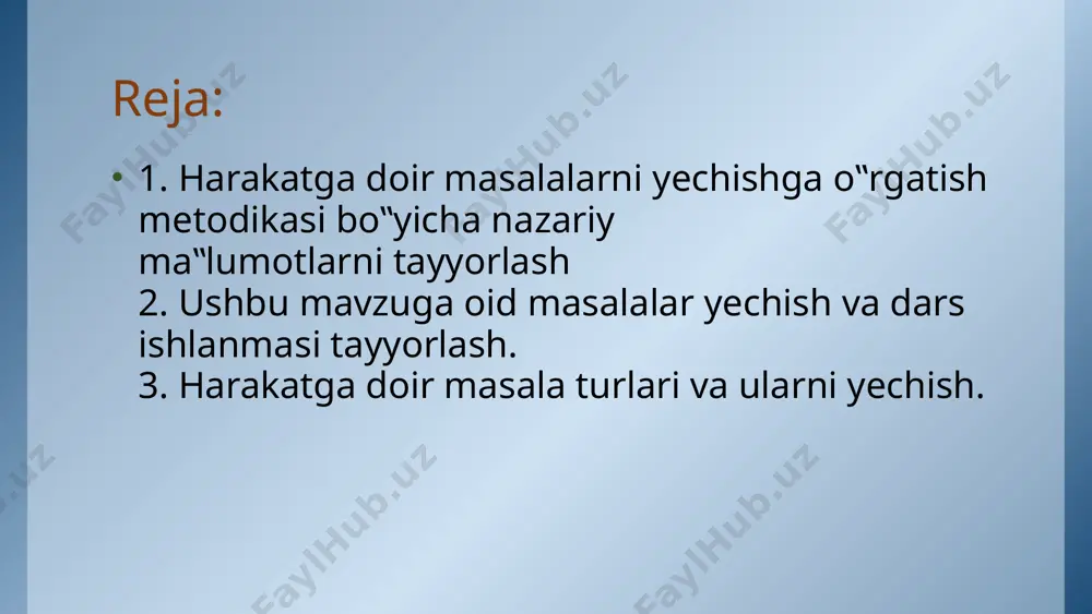 lgan masofa nima ekanligini tushuntiradi. uni tezlik deyilishini aytadi. shundan keyin bu yerda o'rtacha tezlik haqida tushuncha beriladi. endi ba'zi misollar ya'ni, avtomashina tezligi, poyezdning tezligi, samaliyotning tezligi bilan tanishtirish mumkin. bunda o'quvchilar masalan samaliyotning tezlgi soatiga 640 km degan ifodani tushuntirib berishlari muhimdir. shundan keyin tezlik vaqt masofa kattaliklari orasidagi bog'lanishlar ochib beriladi. bu bosqichda ishlash metodikasi boshqa proporsional kattaliklar orasidagi bog'lanishlarni ochish kabidir: sodda masalalarni so'ngra tarkibiy masalarni yechishda o'quvchilar ushbu bog'lanishlarni o'zlashtiradilar: agar masofa va harakat vaqti ma'lum bo'lsa u holda tezlikni bo'lish amali bilan topish mumkin. agar tezlik va harakat vaqti ma'lum bo'lsa u holda ko'paytirish amalini bajarib masofani topish mumkin: agar masofa va tezlik ma'lum bo'lsa, u holda bo'lish amalini bajarib harakat vaqtini topish mumkin. 5 har bir sodda masala ustida taxminan shunday ishlanadi. shundan keyin sodda masalalarni tarkibiy masalalar tarkibiga kiritish mumkin. tarkibiy masalar ustida ishlaganda ko'proq illyustrasiyalardan foydalanish kerak. endi uchrashma xarakatga doir …