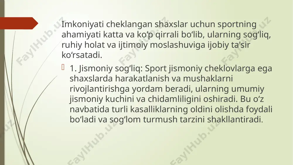 jihatdan rivojlanish, o‘ziga ishonchni oshirish va jamiyatda faolroq o‘rin egallash imkoniyatiga ega bo‘ladilar. raqs, qo‘l kuchi (powerlifting): ularning o‘ziga xos qoidalari va moslashuvlari mavjud. special olympics musobaqalari har ikki yilda o‘tkaziladi va rivojlanish nogironligi bo‘lgan odamlarning sog‘lig‘ini va ijtimoiy hayotdagi ishtirokini qo‘llab-quvvatlashni maqsad qiladi. sportning psixologiyaga ijobiy ta'siri va rivojlanish imkoniyatlari insonlarning ruhiy holatini yaxshilash va hayot sifatini oshirishga katta hissa qo'shadi. quyida sportning psixologik salomatlikka ko'rsatadigan asosiy ijobiy ta'sirlari va rivojlanish imkoniyatlari keltirilgan: 1. stress va tushkunlikni kamaytirish: jismoniy mashqlar va sport endorfinlarni chiqarish orqali stress darajasini kamaytiradi. tadqiqotlar shuni ko‘rsatadiki, sport bilan shug‘ullangan odamlar ruhiy tushkunlik va stress holatlarini yengilroq o‘tkazadilar 2. o‘ziga bo‘lgan ishonchni oshirish: muntazam jismoniy faoliyat odamlarning o‘ziga bo‘lgan ishonchini oshiradi. sportda erishilgan kichik muvaffaqiyatlar ham shaxsiy maqsadlarni amalga oshirishdagi qat'iyatni oshiradi, bu esa ijtimoiy va shaxsiy hayotda ko‘proq ishonch bilan harakat qilishga yordam beradi. 3. ijtimoiy integratsiya va aloqalarni rivojlantirish: sport jamoa bilan o‘ynash …