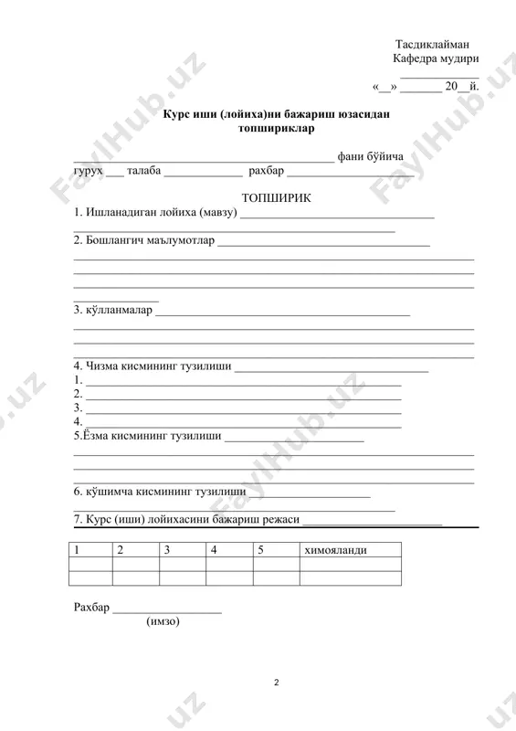 _______ (имзо) 2-илова термиз давлат университети курс иши (лойихаси)га мулохаза талаба ________________________________________________ (исми ва фамилияси) мавзу _________________________________________________ ____________________________________________________________________________________________________________________________________ 1. мавзунинг долзарблигини асослаш____________________________ _________________________________________________________________________________________________________________________________________________________________________________________________________________________________________________________________________ 2. кисмлар бўйича бажарилган иш тавсифнома (ишнинг назарий ва амалий ахамияти, замонавий-илмий услублардан фойдаланганлиги) _________________________________________________________________________________________________________________________________________________________________________________________________________________________________________________________________________ 3. муаллиф ишга баҳо (мустакиллиги, интизомлилиги ва бошкалар) _________________________________________________________________________________________________________________________________________________________________________________________________________________________________________________________________________ 4. умумий хулосалар (ишнинг топширикга мос келиши, талаб даражасига жавоб бериши, химояга кўйилиш имкони) __________________________________________________________________________________________________________________________________________________________________________________________________________________________________________________________________________________________________________________________________________«____» _________ 20__йил рахбар ________________ 3-илова термиз давлат университети курс иши (лойихаси)га тақриз талаба _____________________________________________ (исм