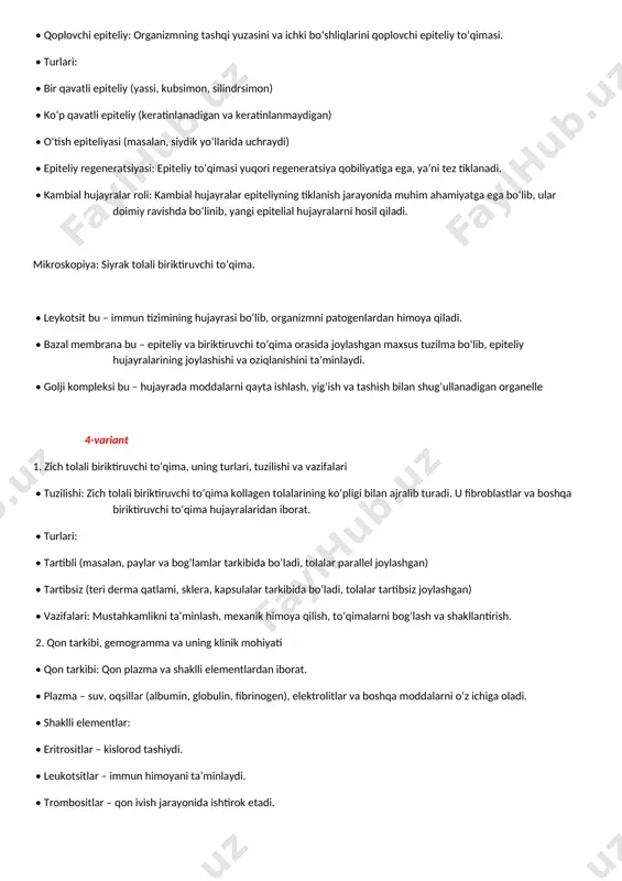 vatlaydi, oziqlantiradi va himoya qiladi. 2. qoplovchi va bezli epiteliy. qoplovchi epiteliy turlari, epiteliy regeneratsiyasi, kambial hujayralar roli • qoplovchi epiteliy: organizmning tashqi yuzasini va ichki bo‘shliqlarini qoplovchi epiteliy to‘qimasi. • turlari: • bir qavatli epiteliy (yassi, kubsimon, silindrsimon) • ko‘p qavatli epiteliy (keratinlanadigan va keratinlanmaydigan) • o‘tish epiteliyasi (masalan, siydik yo‘llarida uchraydi) • epiteliy regeneratsiyasi: epiteliy to‘qimasi yuqori regeneratsiya qobiliyatiga ega, ya’ni tez tiklanadi. • kambial hujayralar roli: kambial hujayralar epiteliyning tiklanish jarayonida muhim ahamiyatga ega bo‘lib, ular doimiy ravishda bo‘linib, yangi epitelial hujayralarni hosil qiladi. mikroskopiya: siyrak tolali biriktiruvchi to‘qima. • leykotsit bu – immun tizimining hujayrasi bo‘lib, organizmni patogenlardan himoya qiladi. • bazal membrana bu – epiteliy va biriktiruvchi to‘qima orasida joylashgan maxsus tuzilma bo‘lib, epiteliy hujayralarining joylashishi va oziqlanishini ta’minlaydi. • golji kompleksi bu – hujayrada moddalarni qayta ishlash, yig‘ish va tashish bilan shug‘ullanadigan organelle 4-variant 1. zich tolali biriktiruvchi to‘qima, uning turlari, tuzilishi va vazifalari …