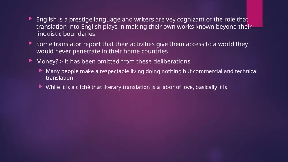 a translator attempts to achieve. not only characters but all facets of the work, ideally, are reproduced in such a manner as to create in the tl the same emotional and psychological experienced by the original sl reader. if the speech pattern in the sl text stuck the reader as deliberately old-fashioned, stilted, facetious, jargon-ridden, sub-standard, or any other way departure expected modes of expression, that too should be expected in translation no one is born as a translator, it is a learned skill. are requisite skills teachable? if yes, thus any one with the proper linguistic background could acquire them. but what is a proper background? can techniques be of help? within limits, yes! all profession have tricks of trade and translation is no exception. techniques can be taught, but not talent. expensive cameras do not make a photographer, nor do shelves of dictionaries and piles of reference books …