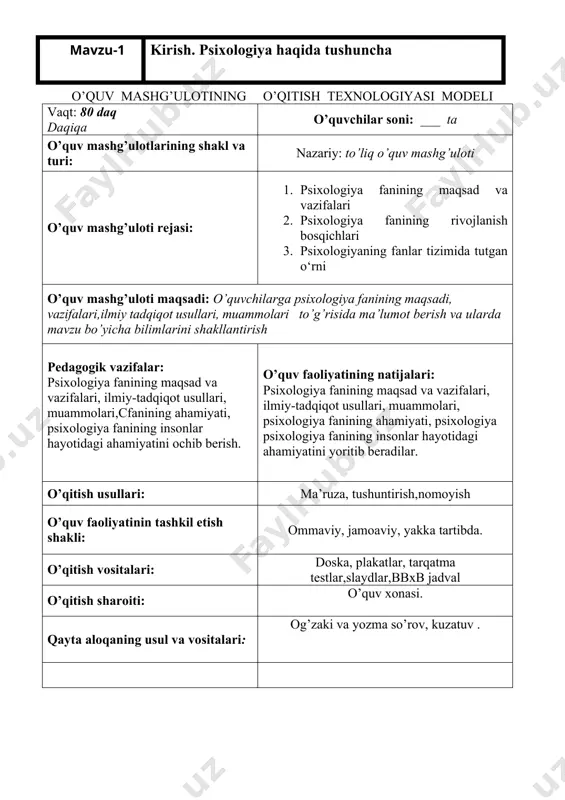 usi daqiqalari o‘tkazadi maqsad va vazifalarni belgilanishi 1.3 mavzuning nomini, rejasini, maqsadi va kutilayotgan natijalarni bayon qiladi 1.4 o’quvchilarni baholash mezoni bilan tanishtiradi.(1-ilova) tinglaydilar, yozib oladilar mashg’ulotga tayyorlana dilar mavzu nomi va rejasini yozib oladilar. ii-bosqich. asosiy (65 daq) o’quvchilar bilimini faollashtirish 2.1 o’quvchilar diqqatini jamlash maqsadida yangi mavzu yuzasidan psixologik savollar oladi. (2-ilova). yangi mavzu bayoni. 2.2 o‘quvchilarni yo‘riqnoma va aqliy hujum qoidalari bilan tanishtiradi. mavzu yuzasidan aqliy hujum texnikasidan foydalanib ma’lum bo‘lgan tushunchalarni faollashtiradib.b.b.o usuli 2.3o’quvchilarni faollashtirish uchun yangi mavzu bo‘yicha slaydlardan foydalanib (3-ilova)mavzu rejasiga muvofiq suhbat o‘tkazadi. yangi mavzuni mustahkamlash. 2.4.venn diagrammasi usulidan foydalanib darsni mustahkamlashni eslatadi.(4-ilova) savollarga javob beradilar, diqqat qiladilar,biolo gik diktant bilan ishlaydilar. venn diagrammasi bilan ishlaydilar iii-bosqich yakuniy (10 daq) mashg’ulot yakuni 3.1 mavzuni rejasi asosida hulosa qilib, eng muhim ma’lumotlarga o’quvchilar diqqatini jalb qiladi. 3.2 guruhdagi ish jarayonini baholaydi; 3.3 mustaqil ishlash uchun vazifa beradi. uyga vazifa: mavzu bo’yicha asosiy tushunchalarni yozib …