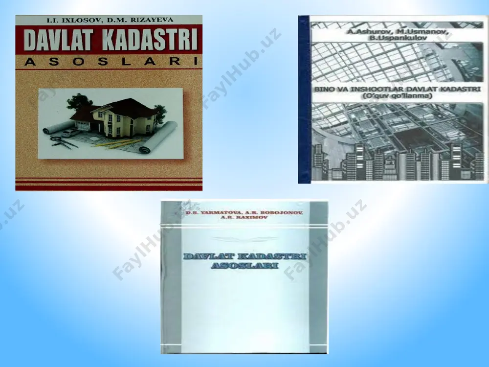 atidan o‘tkazilishini ta’minlash uchun axborot tizimi yordamida raqamli shaklda davlat tilida yuritiladi. 3. o‘zbekiston respublikasi vazirlar mahkamasining 22.06.2021 yildagi 389-sonli qarori bilan “davlat yer kadastrini yuritish tartibi to‘g‘risida”gi nizom hamda “binolar va inshootlar davlat kadastrini yuritish tartibi to‘g‘risida”gi nizom tasdiqlangan. binolar va inshootlarning yer tuzish sxemalariga, aholi punktlarining bosh rejalariga, qishloq va mahalla fuqarolari yig‘inlari hududlarini me’moriy rejalashtirishni tashkil etish loyihalariga va boshqa shaharsozlik hujjatlariga, shuningdek, shaharsozlik normalari va qoidalari talablariga muvofiqligi, binolar parametrlari (qavatlari, umumiy, yashash, ishlab chiqarish maydonlari), egallab turgan yer uchastkasi, qurilgan sanasi, muhandislik-texnik kommunikatsiyalarning mavjudligi, seysmik chidamliligi to‘g‘risidagi va boshqa texnik ma’lumotlar to‘planadi. binolar va inshootlar davlat kadastrini yuritish bo‘yicha munosabatlar mazkur nizom va boshqa qonunchilik hujjatlari bilan tartibga solinadi. binolar va inshootlar davlat kadastri ma’lumotlari barcha davlat tashkilotlari, yuridik va jismoniy shaxslar uchun majburiy yuridik kuchga egadir. kadastr hujjatlari binolar va inshootlar bilan fuqarolik-huquqiy bitimlarni amalga oshirishda va boshqa yuridik harakatlarda huquqiy, iqtisodiy va texnik …