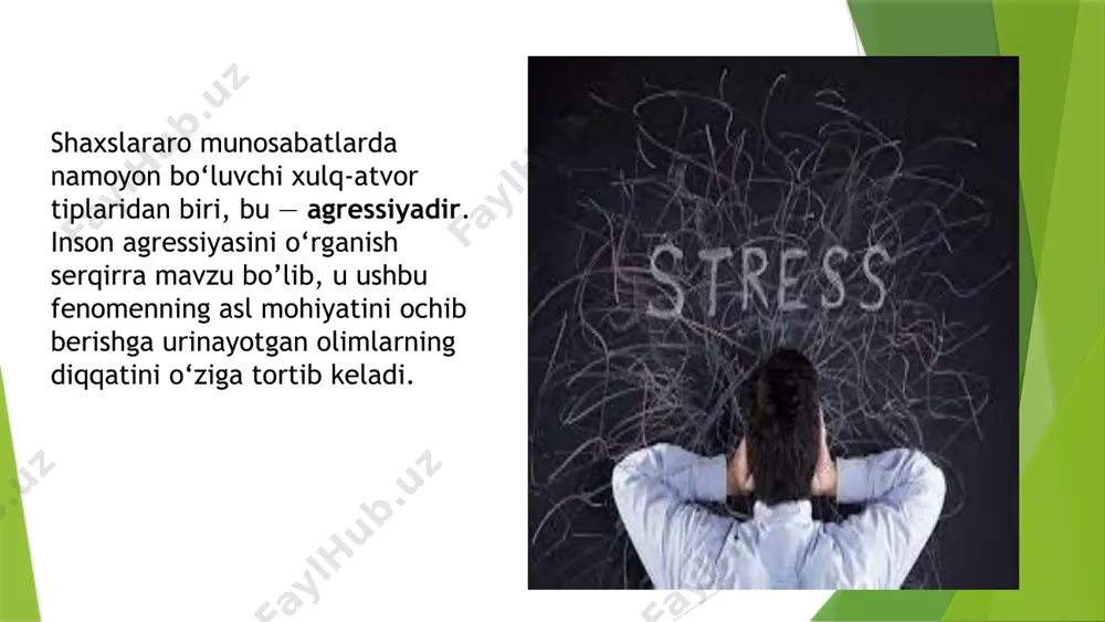 ash tug’ma instinktidan kelib chiqqan. etologik yondashuv. bu yondashuv tarafdorlari evolutsion nazariya tarafdorlaridan farqli o‘laroq, tabiiy tanlash jarayonini tushuntirishda o‘ziga xos asoslarni taklif qiladilar, ularning asosiy fikriga ko‘ra inson xulq-atvorida genlarning ta’siri kattadir, ya’ni agressiv xulq insonning boshqa avlodlarida ham saqlanib qolishi ta’minlanadi. ular «...individuumlar altruizm va o‘zini qurbon qilish yo’li bilan bo‘lsa-da, oxshash genliklarga (ya’ni qarindoshlariga) yashab ketish uchun yordam ko‘rsatadilar va o‘z genlaridan farq qiluvchi (qarindosh bo‘lmagan)larga nisbatan agressiv munosabatlarda bo‘ladilar, degan farazni isbotlaydilar. sotsiobiologik yondashuv. djon dollard tomonidan taklif etilgan bu nazariya yuqorida keltirilgan yondashuvlarga qarama-qarshi qo‘yiladi. unda agressivlik evolutsion emas, balki situativ jarayon sifatida qaraladi. bu nazariyaning asoschisi d. dollard va uning hamkasblari - «frustratsiya doimo agressiyaga olib keladi» degan fikrni ilgari suradilar (john dollard, 1939). masalan, faraz qiling, bugun darsga kech qolmaslik uchun nonushta qilmasdan keldingiz. uch para dars tugagunicha qorningiz ochib ketdi. darsdan so‘ng mazza qilib ovqatlanishni mo‘ljallagan edingiz. mana qo‘ng‘iroq ham chalindi. lekin …