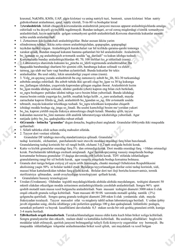 rmakopeya qomitasi tomonidan tasdiqlangan normativ-texnik hujjat; · farmakopeya qomitasi dori vositalari, tibbiy buyumlar sifatiga va ularni nazorat qilish usullariga nisbatan qoyiladigan talablarni belgilaydigan normativ-texnik hujjatlarni tasdiqlovchi rasmiy ekspert organi; · royxatdan otkazilganlik guvohnomasi dori vositalarini tibbiy qollanish huquqi uchun ozbekiston respublikasi sogliqni saqlash vazirligi ruxsatini tasdiqlovchi hujjat; · dori vositalarining, tibbiy buyumlarning davlat reestri rasmiy hujjat bolib, u tibbiyot amaliyotida qollashga ruxsat etilgan dori vositalari, tibbiy buyumlar royxatidan iborat; · generik dori vositalari– patent berilganlaridan qolishmaydigan, lekin boshqa ishlab chiqaruvchi tomonidan tayyorlangan dori preparatlari; · gomeopatik vositalar—gomeopatik qoidalarga binoan qollaniladigan va davlat reyestrining maxsus bolimiga kiritilgan dorilar; · farmatsevtik faoliyat dori vositalarini, tibbiy buyumlarni yaratish boyicha izlanishlarni, tadqiqotlarni, shuningdek ularni ishlab chiqarish, tayyorlash, sifatini nazorat qilish, standartlash, royxatdan otkazish, saqlash, axborot berish, yetkazib berish va realizatsiya qilishni qamrab oladigan faoliyat; · 2)qattiq dori shakllariga:kukun, granula, tabletka, draje,kapsula, yiğma va choylar, qandolat dori shakllari kiradi. · hozirgi vaqtda 150 dan ortiq …