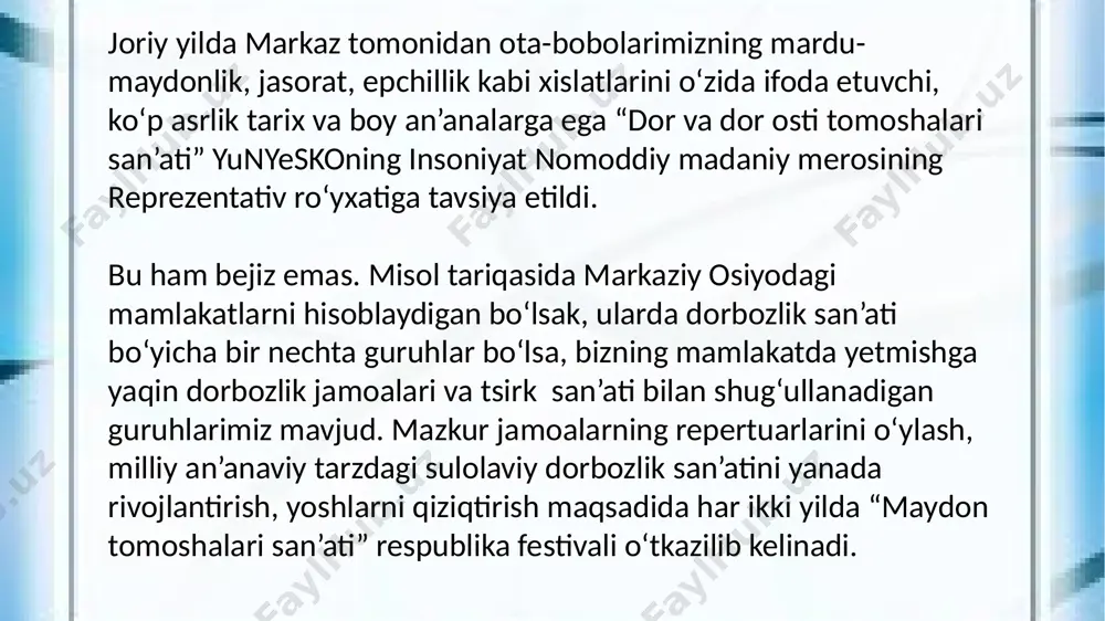ulkan marralarni erishgan mashhur shaxslarni bilasizmi? 3.dorbozlik maktablari yutimizning qayerlarida rivojlangan? 4.jahon miqiyosida òzbek dorbozligining òrni qay darajada? 5.ayol va qizlarning dorbozlik sohasida òrni sizningcha mavjudmi? qaydarajada ? 6.umringiz davomida dor tomoshalaring guvohi bòlganmisiz? 7. dor ustida yurganmisiz ? foydalanilgan adabiyotlar ròyhati : 1.,,òzbek udumlari'' mahmud sattor 2.,,òzbekiston tarixidan universal qòllanma" 3.,,sharq uyg'onish davri madaniyati" 4. ichtimoiy tarmoqlardan e'tiboringiz uchun tashakkur! image2.jpeg image3.jpeg image4.jpeg image5.jpeg image6.jpeg image7.jpeg image8.jpeg image9.jpeg image10.jpeg image11.jpeg image12.jpeg image13.jpeg image14.jpeg image15.jpeg image1.jpeg