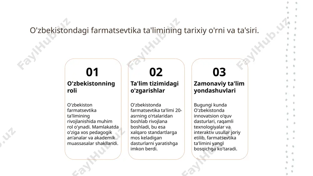 nini boyitish, talabalar motivatsiyasini oshirishga va ularning o'qishga qiziqishini kuchaytirishga yordam beradi. zamonaviy texnologiyalar mobil ilovalar va onlayn platformalardan foydalanish talabalar uchun o'qish jarayonini qulaylashtiradi, ular o'z vaqtida va joyida bilim olish imkonini beradi. xulosa 01 farmatsevtika ta'limi tarixi o'zbekistondagi farmatsevtika ta'limi tarixiy asoslariga nazar tashlarsak, rivojlanish jarayonlari muhim ahamiyatga ega ekanligini ko'ramiz. 02 innovatsiyalar va texnologiyalar zamonaviy farmatsevtika ta'limida innovatsion o'quv dasturlari va raqamli texnologiyalar, o'quv jarayonini samarali tashkil etishga yordam beradi. 03 talabalar motivatsiyasi interaktiv o'qitish usullari orqali talabalar motivatsiyasini oshirib, ularning bilim olish jarayonida faol ishtirok etishiga erishish mumkin. e'tiboringiz uchun rahmat! /docprops/thumbnail.jpeg
