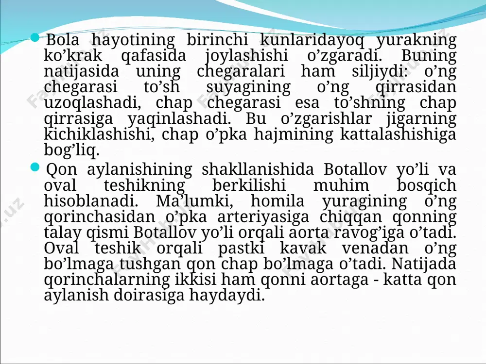 nlaydi. yurakning sistolik hajmi tana massasi ortishi bilan bog’liq holda o’zgaradi. shuning uchun bu ko’rsatkichning nisbiy miqdori deyarli o’zgarmaydi va bolalikning turli davrlarida 1 ml/kg ni tashkil qiladi. ammo sistolik hajmning mutloq o’lchovi tana massasi ortishiga proporsional holda ko’payib boradi. bola hayotining birinchi yilida sistolik hajm uch marta ko’payadi. 8 yashar bolada bu hajm chaqaloqnikidan 10 marta ko’p, katta odam yuragining sistolik hajmi esa chaqaloqnikidan 20 marta ko’p sistolik va minutlik hajmlarning yoshga bog’liq holda o’zgarishi yosh sistolik hajm minutlik hajm mutloq o’lchami, ml nisbiy o’lchami, ml/kg mutloq o’lchami, ml nisbiy o’lchami, ml/kg chaqaloq 3,5 1,0 490 140 1 10,5 1,0 1250 126 4 19,0 1,2 1995 124 6 25,0 1,1 2500 114 10 44,0 1,1 3200 80 14 59,0 1,1 4300 78 katta yoshli odam 70,0 1,0 5000 70 yurak sikli va uning bosqichlarini yoshga bog’liq holda o’zgarishi emizikli davrda yurakning boshqaruv mexanizmlarida sezilarli o’zgarishlar kuzatiladi. bola 3-4 oylik …
