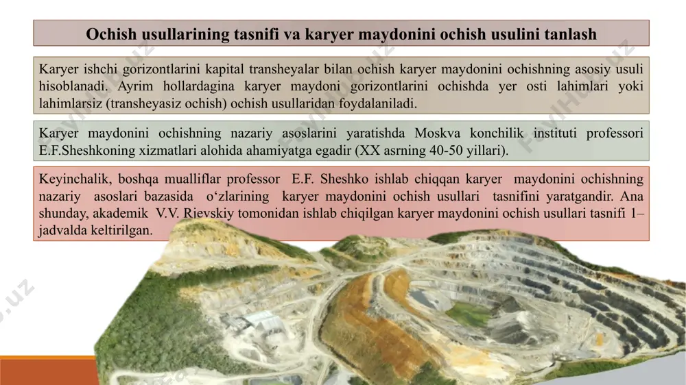 im statsionar lahimlar bilan qiya lahimlar qiya va o‘ta qiya transheyalar bilan vertikal,qiya, o‘ta qiya yoki gori-zontal yer osti lahimlari bilan vertikal,qiya, o‘ta qiya va gorizontal lahimlar kombinatsiyasi bilan xizmat ko‘rsatila-digan gorizontlar soni alohida, guruh yoki umumiy transheyalar bilan alohida, guruh yoki umumiy yer osti lahimlari bilan alohida, guruh yoki umumiy lahimlar kombinatsiyasi bilan pog‘onada transport vositasining harakatlanish tavsifi (potok yoki mokisimon) yakka va juft-lashgan lahimlar bilan yakka va juftlashgan lahimlar bilan yakka va juftlashgan lahimlar bilan ochish usullari va ularning belgilari: ochiq kon lahimlari bilan (transheyalar bilan): ochiq kon lahimlari — bu transheya (ya'ni, ochiq qazilgan chuqur) orqali foydali qazilmalarni olish usuli. transheyalar tashqi, ichki yoki aralash joylashishi mumkin. lahimlarning turg‘unligi: statsionar, yarim statsionar va vaqtincha (suriladigan) bo'lishi mumkin. qiya lahimlar: qiya va o‘ta qiya transheyalar yordamida. xizmat ko‘rsatiladigan gorizontlar: alohida, guruh yoki umumiy transheyalar orqali xizmat ko‘rsatiladi. transport vositasi harakati: lahimlarda transport harakati yakka yoki juftlashgan bo‘lishi mumkin. …
