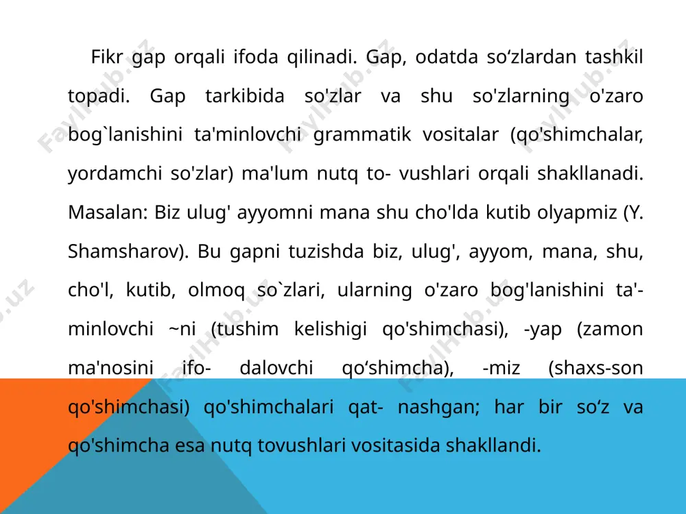 rning oxirida kelgan v jarangli undosh jarangsiz f tarzida; voleybol, olimpiada kabi ruscha- internatsional soʻzlarning urg“usiz boʻg`inida kelgan o unlisi esa a tarzida talaffuz qilinadi: valeybol, alimpiada. bunday hodisalarning sodir boʻlishiga nutqda ixchamlikka intilish, bo`g`inda urg“uning tushishi yoki tushmay qolishi, shoshilib talaffuz qilish, boshqa tillardan oʻtgan so`zlarni talaffuz qilishdagi qiyinchiliklar sabab bo'lishi mumkin. e`tiboringiz uchun rahmat! /docprops/thumbnail.jpeg