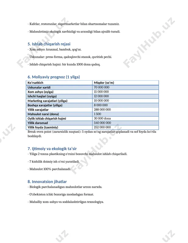 iy) 252 000 000 break-even point (zararsizlik nuqtasi): 5 oydan so‘ng xarajatlar qoplanadi va sof foyda ko‘rila boshlaydi. 7. ijtimoiy va ekologik ta’sir - yiliga 2 tonna plastikning o‘rnini bosuvchi mahsulot ishlab chiqariladi. - 7 kishilik doimiy ish o‘rni yaratiladi. - mahsulot 100% parchalanadi. 8. innovatsion jihatlar - biologik parchalanadigan mahsulotlar arzon narxda. - o‘zbekiston ichki bozoriga moslashgan format. - mahalliy xom-ashyo va soddalashtirilgan texnologiya. 9. xulosa ushbu loyiha ekologiya, iqtisod va bandlik uchun foydali. yilning birinchi yarmida o‘zini oqlab, foyda keltira boshlaydi. bozordagi kam raqobat va ortib borayotgan talab – loyihaning asosiy afzalliklaridan biridir. /docprops/thumbnail.jpeg