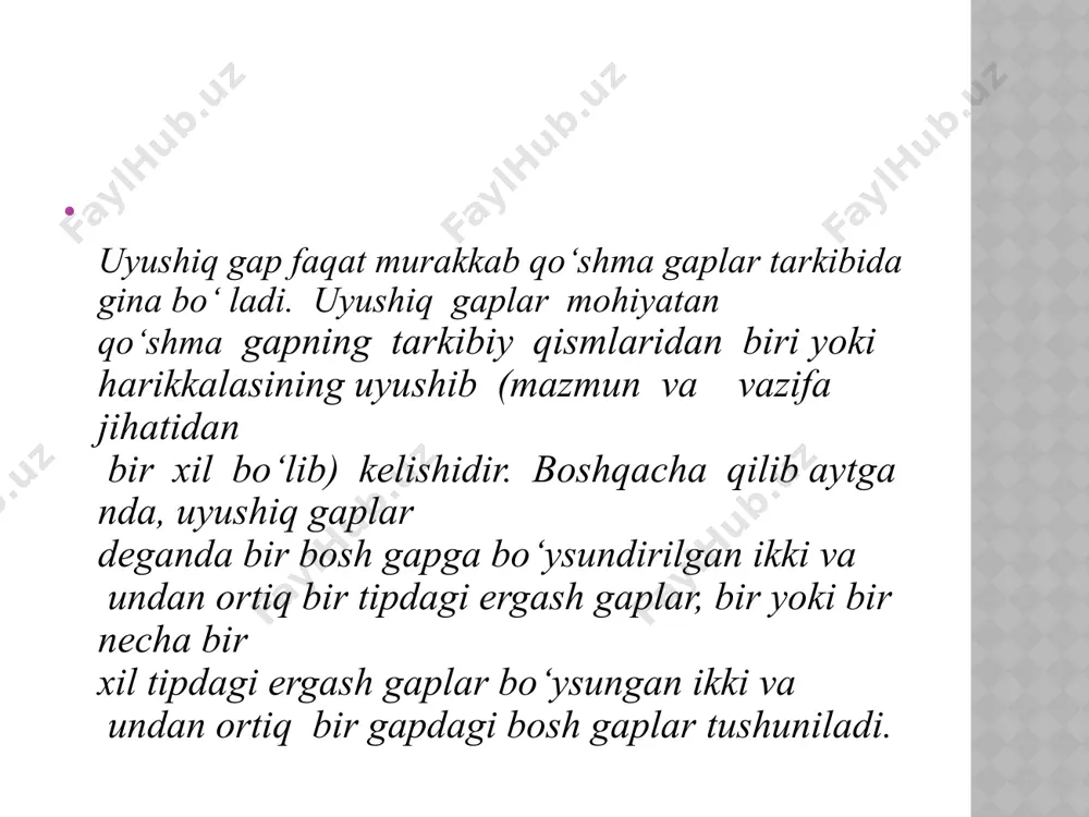 ligiga -ega. bu umumiy birlik hamma uyushiq bo‘lakli gaplardaqo‘llanadigan umumlashtiruvchi so‘z vazifasini bajarib kelmoqda. buni biz gapning shaklini o‘zgartirganimizda yaqqol sezamiz; do‘kondorlarning ba’zilari kitob o‘qib, ba’zilari tasbeh o‘girib,boshqa birlari esnab o‘tirishlarini ko‘rib hayron qoldim. bir predikativ markazga ega bo‘lgan bu birlik sodda gapdir. yana shunisi qiziqki, kesimlikni shakllantiruvchi birlikning o‘zi har xil turli shaklda bo‘ladi. ba’zi bir uyushgan gaplar tarkibida bir gap bo‘lagi bor,ikkinchisida yo‘q yoki aksincha. yana birlarida bir bo‘lakning har xil ko‘rinishlari uchrashi mumkin. ayrimlarida esa,gap bo‘laklari aralash holda keladi, shu kabi qo‘llanishni tekshirish uyushgan gaplar qismlari tarkibining rang-barangligini ko‘rsatadi. e’tiboringiz uchun rahmat. image1.jpeg image2.jpeg image3.png /docprops/thumbnail.jpeg
