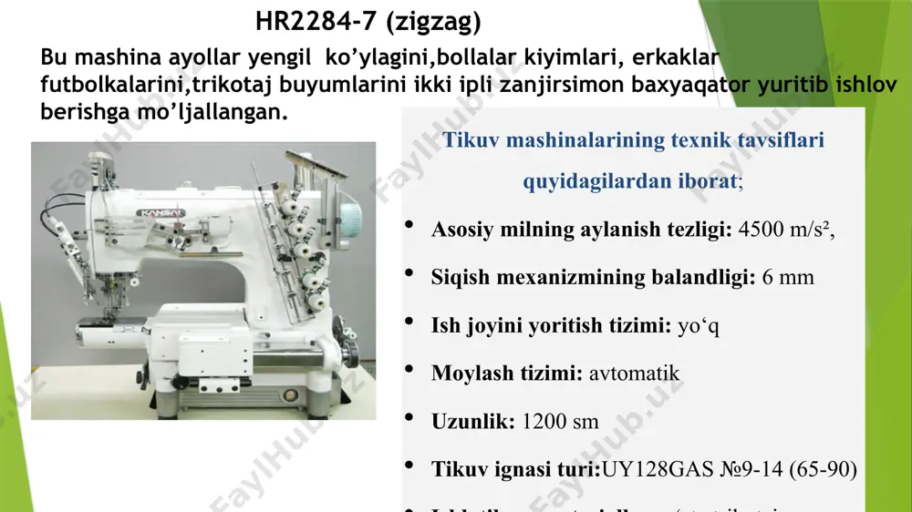 atsiyani amalga oshirish uchun 25-28 soniya vaqt kifoya. old bo’lakni shablonga joylashtirib vitochkalarni 10 soniyada tikish mumkin. qopqoqli qirqma yon cho’ntakni tikish uchun shablonga joylashtirsak avtomatda оrt bo’lakni mashina platformasiga qo’yiladi. cho`ntak qoplamasini ort bo`lakka joylashtirib qirqimlarini bukib presslanadi, оrt bo’lakka cho’ntak qoplamasini bostirib tikiladi. image1.png image2.png image3.png image4.png image5.png image6.png image7.jpeg image8.jpeg image9.jpeg /docprops/thumbnail.jpeg