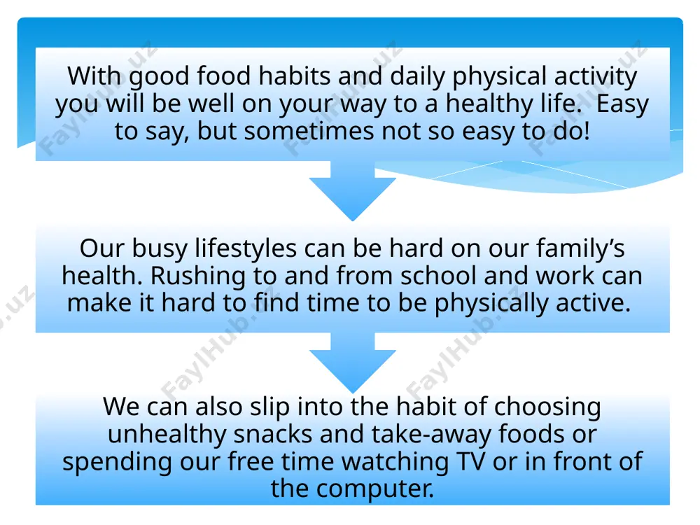 surfing online or playing computer games is linked to kids becoming overweight or obese.children and young people should spend no more than two hours a day on ‘small screen’ entertainment. break up long periods of use as often as possible.plan a range of active indoor and outdoor games or activities for your children, as alternatives to watching tv or playing on the computer. 4. switch off the screen and get active 5. eat fewer snacks and select healthier alternatives healthy snacks help children and young people meet their daily nutritional needs. snacks based on fruit and vegetables, reduced fat dairy products and whole grains are the healthiest choices. avoid snacks that are high in sugar or saturated fats – such as chips, cakes and chocolate – which can cause children to put on excess weight. image2.jpeg image3.jpeg image4.jpeg image5.jpeg image6.png image7.png image8.jpeg image9.jpeg image10.jpeg image11.jpeg happy family preparing a healthy …