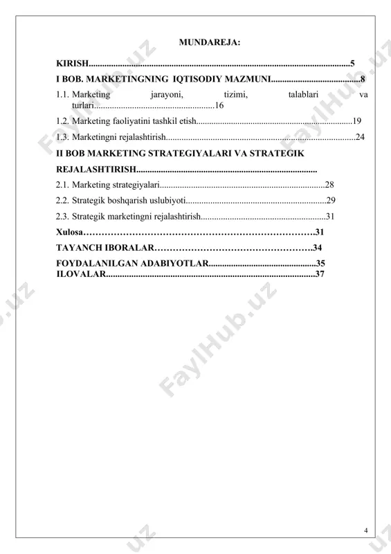gning asosiy vazifasi - har bir bozorni ehtiyojlari va zaruratlarini aniqlash, ular orasidan o'z kompaniyalari boshqa raqobatchilardan ko'ra yuqori darajali xizmat ko'rsata oladiganlarini tanlashdan iborat. bu kompaniyaga yuqori sifatli mahsulotlar ishlab chiqarish va shuning natijasida iste'molchilarning ehtiyojlarini qondirish bilan kompaniyaning umumiy foydasini oshirishdir. kurs ishining obyekti. marketing bu nafaqat falsafa, fikrlash tarzi va iqtisodiy tafakkur yo'nalishi, ammo ayrim firma, kompaniya, tarmoq va butun iqtisodiyot bo'yicha amaliyot faoliyati hamdir. aqsh va boshqa xorijiy davlatlar iqtisodiy adabiyotlarida marketing ta'rifini ko'p turlari mavjuddir. eng keng tarqalgan marketing ta'rifi, u amerika marketing assotsiatsiyasi tomonidan berilgan bo'lib, uning mazmuni quyidagichadir, ya'ni «marketing» shunday jarayondan iboratki, uning yordamida uylangan g'oya rejalashtiriladi va amalga oshiriladi, narxlar tashkil etiladi, g'oyalar, tovarlar va xizmat ko'rsatishlar harakati va sotishni, ayrim shaxslar va tashkilotlarni maqsadlari ayirboshlash yordamida qondiriladi». zamonaviy odamni hayot faoliyati tovar va xizmatlarni iste'mol qilinishiga asoslangan. ularni yaratilishi, ishlab chiqarilishi va taqsimlanishi va iste'mol qilinishi odamlar ehtiyojlarini qondirilishini dinamik …
