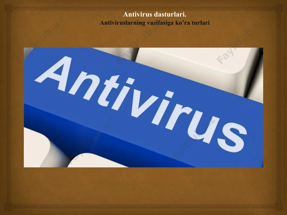 yaratilgan. tugallangan tijorat loyihalari ko'rinishidagi antivirus dasturlari birinchi marta taxminan 20 yil oldin paydo bo'lgan. antivirus dasturlarini ishlab chiqish bir necha bosqichlardan iborat bo'lib, ular quyida muhokama qilinadi.  kompyuter antivirus yaratilish tarixi. birinchi antiviruslarning yaratilish tarixi 1. birinchi bosqich 80-yillarda yangi viruslar oqimi kam edi - oyiga bir nechta viruslar, antivirus dasturlash nuqtai nazaridan hech qanday qiyinchilik yo'q edi. 1990 yilda viruslarning yangi avlodi - doimiy kod bo'lmagan polimorf viruslar paydo bo'ldi. tez orada antivirus mutaxassislari hatto zararlangan fayldagi polimorf virusni ham taniy oladigan maxsus algoritmik tillarni ixtiro qildilar. skanerlarning rivojlanishi bilan bir qatorda boshqa "dorilar" bilan ham tajribalar o'tkazildi. vaktsina dasturlari (yoki vaktsinatorlar) 90-yillarning boshlarida mashhur edi. ular tibbiy vaktsinalar bilan bir xil printsipda ishladilar - o'ziga xos "emlash" amalga oshirildi va virus endi "emlangan" yoki emlangan faylni yuqtira olmaydi. 1992 yil antiviral vositalar evolyutsiyasida keskin yil bo'ldi.  kompyuter antivirus yaratilish tarixi. birinchi antiviruslarning yaratilish tarixi kod …