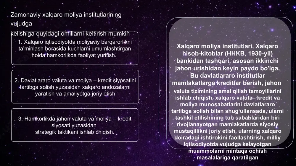 -yil toshkentda yetb ning vakolatxonasi ochildi va shu yilning 10-yanvarida yetb o‘zbekistonda amalga oshiriladigan investitsiya loyihalari uchun majburiy garovni bekor qildi. bu esa, ikki tomonlama hamkorlikning yanada ishonchli tusga kirganidan xabar beradi. 2002- yilning yakunida yetb prezidenti jan lemerani yurtimizga rasmiy tashrifi yetb va o‘zbekiston o‘rtasida 2003-yil 4-martdan strategik hamkorlik boshlanishiga sabab bo‘ldi. osiyo taraqqiyot banki (otb)ning asosiy vazifasi osiyo va tinch okeani mintaqasidagi mamlakatlarga iqtisodiy hamda ijtimoiy rivojlanishda ko‘maklashish, iqtisodiy o‘sishni jadallashtirish, aholi turmush darajasini oshirish, inson resurslarini rivojlantirish, ekologik muammolar, jumladan iqlim o‘zgarishi bilan bog‘liq masalalarni hal etishda yordam berishdan iboratdir. rahmat!!! image1.jpeg image2.jpeg image3.jpeg image4.png image5.png image6.png image7.png image8.jpeg image9.jpeg image10.jpeg image11.jpeg