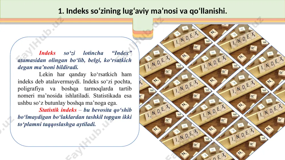 anjirsimon indekslar deyiladi. indekslashtirilayotgan miqdorlarning xarakteri va mazmuniga qarab indekslar miqdor (fizik hajm) va sifat kursatkichlari indekslariga bo‘linadi. indekslar nazariyasida qaysi ko‘rsatkich indekslashtirilsa, u indekslashtiriladigan miqdor deyiladi. umumiy indekslarda indekslashtirilayotgan miqdor so‘zi o‘rniga indekslashtirilayotgan belgi va uning vazni tushunchalari ishlatiladi. masalan, baho umumiy indeksi hisoblanayotgan bo‘lsa, indekslashtirilayotgan belgi baho hisoblansa, uning vazni sifatida mahsulot miqdori olinadi. 10 indekslarni bevosita hisoblashishga kirishishdan oldin, shu metodda qo‘llaniladigan ramziy belgilar bilan tanishib chiqaylik. hodisaning miqdori (fizik xajmi) -q; narxlar -p; tannarx –z; unumdorlik - joriy davr ko‘rsatkichi “1” satr osti ishorachasi, o‘tgan davr esa “0” –bilan ifodalanadi. “i” va “i” lar individual va umumiy indekslarni ifodalaydi, “” – yig‘indini, pq –tovar qiymati, t –vaqtni, m –ekin maydonini, l-laspayres, r –paashe indekslarini, d –ikkita rejim o‘rtasidagi farq darajasini, if – i. fisher ideal indeksini, jp·jq =jpq –indekslarni o‘zaro bog‘liqligini va h.k. bildiradi. 11 3. yakka indekslar. indekslarni hisoblashda ikkita davr qatnashadi, biri - joriy …