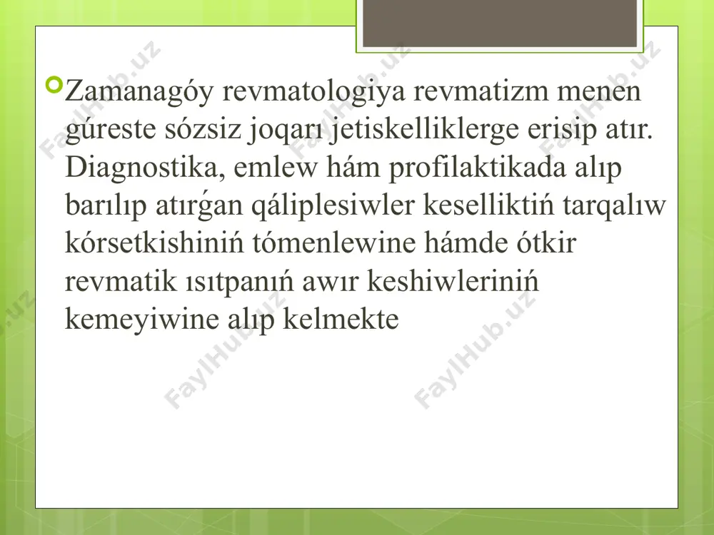 xalıq arasında. 20 – 50 jıllarda ótkir revmatik ısıtpa balalar hám óspirimler arasındagi ólimshiliktiń sebeblerinen biri bolıp esaplanǵan. waqittıń ótiwi menen, xalıqtıń jasaw tárizi ózgeriwi hám antibiotiklerdi keń qollaw nátiyjesinde, kesellik kórsetkishi túse basladı. biraq buǵan qaramay bul kesellik eń awır keselliklerdin qatarında házirgi kúnge shekem aktuallıǵın joǵaltpaǵan. revmatizmniń tarqalıwı jáhán den sawlıqtı saqlaw shólkemi (jdsssh) niń ulıwmalastırılǵan maǵlıwmatlarına kóre, revmatik júrek keselligi menen házirgi kúnde dúnyada 30 millionǵa jaqın adam azap shegedi, bahalawlarǵa kóre 2015 jılda júrektiń revmatik keselligi 305000 jaǵdayda ólimshilik sebebshisi bolǵan hám 11,5 million jaǵdayda mayıplılıǵı sebepli ómir jılları joǵaltılǵan. bul ólimlerdiń 60% ti waqtınan ilgerirekke tuwrı keledi (yaǵnıy, olar 70 jastan aldın júz bergen), biraq kóplegen mámleketlerde maǵlıwmatlar tolıq bolmaǵanlıǵı sebepli, bul sanlar tiykarınan anıq emes. nátiyjeli profilaktika hám emlew ilajları bar ekenligine qaramay, revmatik júrek keselliginen ólimshilik úlesi ulıwma globallıq ólimshilikten 2000-2015 jıllar dáwirinde sezilerli dárejede ózgermedi. revmatizmniń tarqalıwı eń joqarı tarqalıw dárejesi indiyada, …