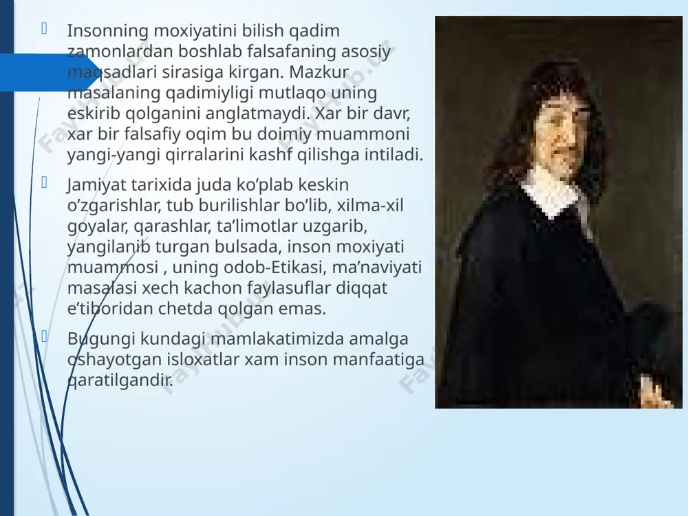 alban va vijdonan, aql va ko’l bilan mexnat qilishi kerak. ma’naviyat barkaror bo’lmagan joyda moddiy ne’matlar ishlab chiqarish va iste’mol qilish madaniyati yuqori bo’lmaydi. ma’naviyat insonning o’zligini anglab olishda unga yordam beradi. o’zligini anglagan insongina, o’zligini anglagan millatgina kuchli davlat, adolatli jamiyat barpo eta oladi. ma’naviy qashshoq bo’lgan odam yetuk, farovon, madaniy turmush kechirish me’yorlarini xam bilmaydi. ma’naviyati yetuk insonlar kelajakni oldindan kurishga, kiyinchiliklarni yengishga og’ir sharoitda xam yuksak maksadini oldiga kuyib, uni iymon va e’tikodi bilan yengishga qodir bo’ladilar. audio1.wav image1.png image2.png image3.png image4.png /docprops/thumbnail.jpeg