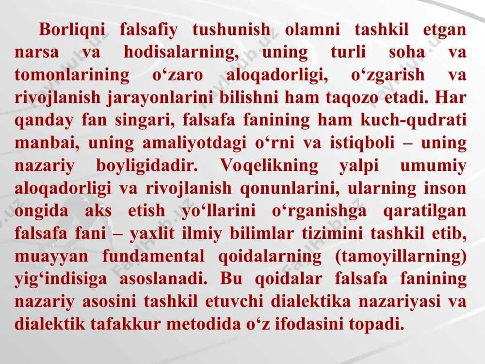 ko‘ra, dunyoda hech narsa doimiy emas: bir xil narsalar ketadi, boshqalari keladi, birlari ravnaq topadi, boshqalari zavol topadi. hodisalar muayyan yetuklik darajasiga yetkach, o‘z ziddiga aylanadi: noto‘la to‘laga, egri to‘g‘riga, bo‘sh narsa to‘la narsaga aylanadi, eski yangi bilan almashadi. dialektika nemis klassik falsafasi doirasida va eng avvalo gegel falsafasida kuchli rivojlandi. agar antik dialektika aqliy farazlarga (masalan, dunyoning o‘zgaruvchanligi, ziddiyatliligi to‘g‘risidagi g‘oyalarga) asoslangan bo‘lsa, gegel dialektikasi asosan o‘z zamonasining ilmiy yutuqlariga tayandi va nazariy g‘oyalarning mukammal tizimi sifatida gavdalandi. gegel eng avval dialektikaning asosiy tushunchalarini – uning kategorial apparatini ta’riflab berdi, bu apparat bugungi kunda ham muvaffaqiyatli amal qilib turibdi. gegel dialektikasining asosiy tushunchalari va qonunlari tizimi aloqalar, o‘tishlar, o‘zgarishlarning turli-tumanligini va umuman rivojlanishni jarayon sifatida aks ettira olar edi. gegel birinchi bo‘lib taraqqiyotning asosiy qonunlarini: sifat va miqdor o‘zgarishlarining bir-biriga o‘tishi qonunini, qarama-qarshiliklarning birligi va kurashi qonunini, inkorni-inkor qonunini ta’riflab berdi. gegel dialektikaning asosiy prinsiplarini: hodisalarning universal aloqasi prinsipini, …