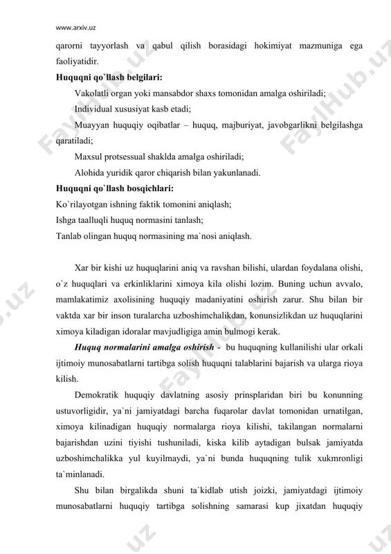 huquq normalari kuzda tutilgan maqsadlariga erishini tushunishimiz mumkin. huquqni amalga oshirish tushunchasi va bosqichlari huquq fuqarolar tomonidan amalga oshirilgan yoki tadbiq etilgandagina о`zining qadr-qimmatiga ega bо`ladi. huquqning asl mohiyati ham fuqarolarning huquq va erkinliklarini rо`yobga chiqarish vositasi, ular о`rtasidagi ijtimoiy munosabatlarni tartibga soluvchi norma sifatida namoyon bо`lishida ifodalanadi. uni amalga tо`g`ri tadbiq etish muxim axamiyat kasb etadi. darhaqiqat mavjud huquq normalarini amalda qо`llanmasdan turib davlat ijtimoiy munosabatlarni о`z maqsadi yо`lida tartibga sola olmaydi. eng umumiy va keng ma`noda olganda huquqiy normalarni tatbiq etish - bu huquqiy normalar yordamida ijtimoiy munosabatlarga ta`sir etishdir. huquqni amalga oshirish – bu huquq normalari orqali ijtimoiy munosabatlarni tartibga solish yoki xuquqni amalda tadbiq etishda namoyon bо`ladi. huquqni amalga oshirishning birlamchi shakli, qonun chiqarishdir. qonunlarda ifodalangan huquqiy yо`riqlarni ishlab chiqish va qabul qilish qonun chiqaruvchilar uchun eng murakkab ish xisoblanadi. shu bilan ular о`z holatiga kо`ra obyektiv ravishda ijtimoiy munosabatlarda mavjud bо`lgan tabiatdan, oddiy davr va …