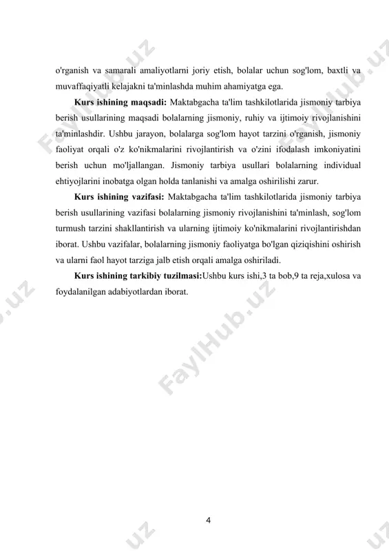ko'nikmalarini rivojlantirishda muhim ahamiyatga ega. ular, bolalarning qiziqishini jalb qilish orqali jismoniy tarbiyani yanada qiziqarli va samarali qiladi. sport faoliyatlari esa, bolalarga raqobat ruhini, sabr-toqatni va maqsadga erishish ko'nikmalarini o'rgatadi. jismoniy tarbiyaning yanada muvaffaqiyatli bo'lishi uchun, o'qituvchilar va tarbiyachilar bolalarga mos tarzda mashg'ulotlarni tashkil etishlari zarur. ularning yoshi va jismoniy rivojlanish darajasini inobatga olish, mashg'ulotlarni qiziqarli va samarali o'tkazish uchun muhimdir. o'qituvchilar, bolalarga jismoniy tarbiyaning ahamiyatini tushuntirib, ularni faol ishtirok etishga rag'batlantirishlari lozim. yana bir muhim jihat, maktabgacha ta'lim muassasalarida jismoniy tarbiya muhitining yaratilishidir. bu muhit, bolalarning xavfsizligi va qulayligini ta'minlash, shuningdek, ularning jismoniy faoliyatiga bo'lgan qiziqishini oshirishga yordam beradi. sport zalilari, o'yin maydonchalari va boshqa jismoniy faoliyat uchun joylar maktabgacha ta'lim muassasalarida mavjud bo'lishi zarur. jismoniy tarbiyaning ijtimoiy ahamiyati ham katta. bolalarda jismoniy faoliyatni rag'batlantirish, ularni sog'lom turmush tarziga olib keladi va jamiyatda salomatlikni oshirishga hissa qo'shadi. sog'lom bolalar, kelajakda sog'lom jamiyatni shakllantiradi. shuning uchun, maktabgacha ta'lim muassasalarida jismoniy …
