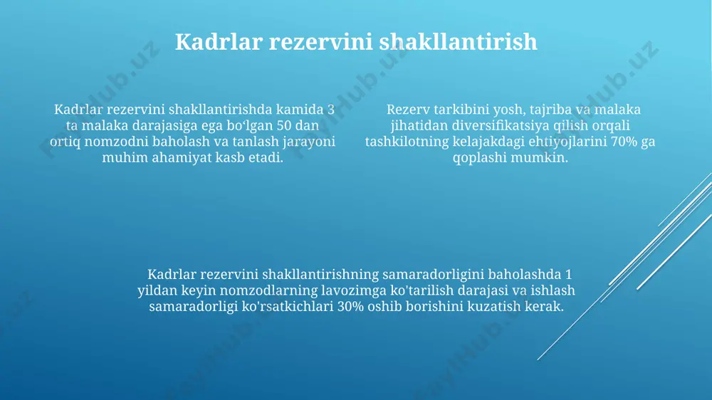 . samarali rag'batlantirish tizimi jami ish haqi fondining 20% dan ortig'ini bonuslar va mukofotlarga ajratish orqali xodimlarni yuqori natijalarga undaydi. yillik baholash jarayonida 5 ta asosiy ko'rsatkich bo'yicha xodimlarning samaradorligini baholash va unga mos ravishda ish haqi va bonuslarni belgilash rag'batlantirishning muhim elementi hisoblanadi. mehnat munosabatlari va nizolarni hal qilish mehnat intizomi buzilishi holatlarining 15% ga kamayishi, xodimlarni rag'batlantirish tizimini joriy etish va " ochiq eshik " siyosatini qo'llash orqali erishiladi. mehnat munosabatlarini tartibga solishda kamida 3 ta asosiy qonun hujjatlari va 5 ta ichki me'yoriy hujjatlarning mavjudligi samarali xodimlarni boshqarishni ta'minlaydi. ishchi-xodim nizolarining 70% dan ortig'i samarali muloqotning etishmasligi va aniq vazifa taqsimotining yo'qligidan kelib chiqadi, bu esa mediator yordamiga ehtiyojni keltirib chiqaradi. kadrlar ishi samaradorligini baholash kadrlar ish samaradorligini baholashda, xodimlarni 360 daraja baholash usuli qo‘llanilsa, ob’ektiv natijalarga erishish ehtimoli 20% ga oshadi. kadrlar aylanmasini 10% ga kamaytirish, malaka oshirish dasturlarini joriy etish orqali samaradorlikni oshirishga hissa qo'shadi. …