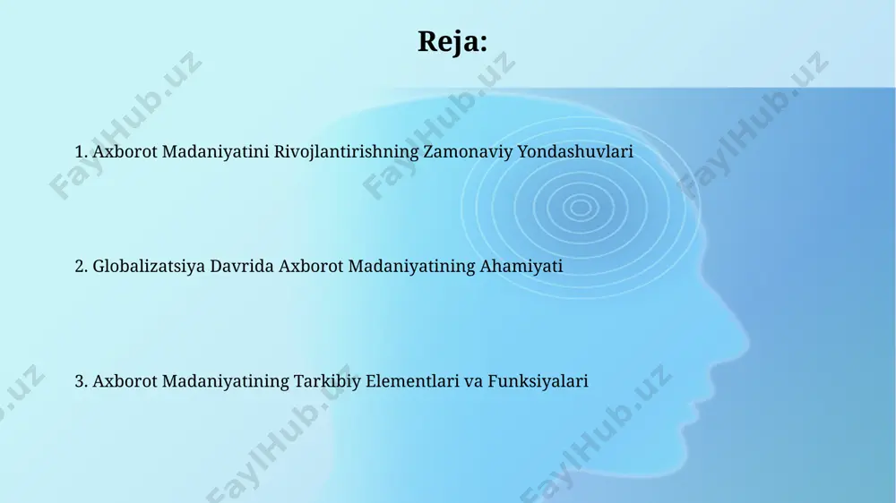 subyektivlik darajasini aniqlash mumkin. axborot madaniyati va global muammolar global muammolar, masalan, iqlim o'zgarishi yoki pandemiyalar, samarali hal etish uchun 80% dan ortiq axborot madaniyatiga ega bo'lgan aholini talab qiladi. soxtalashtirilgan yangiliklar va dezinformatsiya tarqalishi global miqyosda 50% ga yaqin odamlarni ta'sir qiladi, bu esa axborot madaniyatining ahamiyatini yanada oshiradi. axborot madaniyatining tarkibiy elementlari axborot madaniyatining tarkibiy elementlariga axborotni izlash, baholash va tanqidiy tahlil qilish ko'nikmalari, shuningdek, turli axborot manbalaridan samarali foydalanish, jumladan, kamida 5 ta turli manbani o'z ichiga oladi. axborot madaniyati tarkibiga axborot texnologiyalaridan xavfsiz va maqsadli foydalanish, kiberxavfsizlik qoidalari va shaxsiy ma'lumotlarni himoya qilishning 3 ta asosiy printsiplarini bilish kiradi. axborot madaniyatini rivojlantirish yo'llari axborot madaniyatini rivojlantirishda 5 yoshdan 18 yoshgacha bo'lgan yoshlarni zamonaviy raqamli texnologiyalar, jumladan, dasturlash asoslari va axborot xavfsizligi bo'yicha o'qitish muhim ahamiyat kasb etadi. kitobxonlik madaniyatini yuksaltirish, kamida 10 ta yangi kutubxona ochish va mavjudlarini zamonaviylashtirish orqali axborotga kirish imkoniyatlarini kengaytirish zarur. e'tiboringiz …