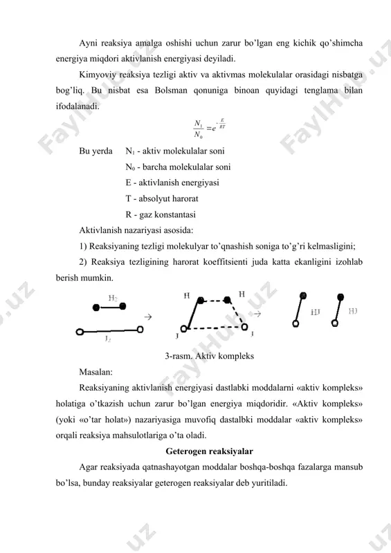 njir reaksiyani uch qismdan iborat deb qarash mumkin. 1) zanjirning vujudga kelishi, «boshpana reaksiya». 2) reaksiyalar zanjiri, (zanjirning davom etishi va tarmoqlanishi). 3) zanjirning uzilishi. misol: cl2 → 2cl* boshlama reaksiya. cl*h2 → hcl + h* reaksiyalar zanjiri. h* + cl2 → hcl + cl cl + h2 →hcl + h* va hokazo. zanjir reaksiyalarning eng muhim hususiyati zanjirning uzunligidir. zanjir reaksiyasida bir aktiv markaz vujudga keltirgan oddiy reaksiyalarning (zvenolarning) soni zanjirning uzunligi deyiladi. portlash - nihoyatda tez boradigan reaksiyalardir. adabiyotlar 1. волцкий a.в., сергеевская e.с. teoрия металлургических процессов. -m.: meтaллургия, 1996. - 380 с. 2. филиппов с.и. teoрия металлургических процессов. - m.: meтaллургия, 2000. - 230 с. 3. eсин o.a., гелд п.в. физическая химия пирометаллур-гических процессов. i часть. - свердловск, 1992. – 671 с. 4. рахимов в.р. физикавий ва коллоид кимё. – т.: ўқитувчи, 1978. 5. www.misis.ru; 6. http://www.weimar.de; 7. info4ru.de 8. ленник г.a., пехсин п.o. современная техника изотермического …