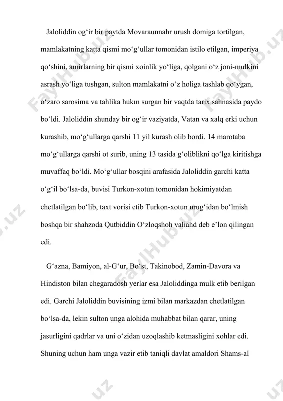 or boshchiligidagi ilg‘or guruhi chorikordan shimolroqdagi valiyon qo‘rg‘onini qamal qilishni boshlagan edi. jaloliddin bir hamladayoq mo‘g‘ullarni zarbaga uchratishga muvaffaq bo‘ladi. bu jangda mo‘g‘ullarning 1000 dan oshiq kishisi halok bo‘ladi. ko‘plab tarixchilar jumladan, , juvayniy, rashididdin bu jangga yuqori baho bergan edilar. jaloliddinning mo‘g‘ullarga qarshi muhim janglaridan biri 1221 yilning kuzida shimoliy afg‘onistonning lagar daryosi bo‘yidagi parvona dashti yaqinida bo‘lib o‘tadi. birlashgan qo‘shinga shaxsan jaloliddinning o‘zi lashkarboshilik qilib, o‘ng qanotga amin malik, chap qanotga sayfiddin o‘g‘roq boshchilik qilishadi. mo‘g‘ullar jon-jahdlari bilan kurashga kiradilar. hatto shiki xutuxuning buyrug‘i bilan jaloliddin qo‘shiniga xavf tug‘dirish maqsadida har bir mo‘g‘ul askari orqasiga tulup o‘tkazib ham qo‘yishadi. parvona jangi mo‘g‘ullarning mutlaq mag‘lubiyati bilan tugab, shiki xutuxu qolgan qutgan qo‘shini bilan chingizxon huzuriga bazo‘r qochishga ulguradi. parvona yaqinidagi jang movarounnahr va xuroson ahli uchun nihoyatda katta ahamiyatga ega bo‘ldi. shu paytgacha mo‘g‘ullarning ilohiy, yengilmas kuch-qudratga egaliklari xususidagi gap so‘zlarga, afsonalarga chek qo‘yildi. jaloliddinning g‘alabasidan movaraunnahr va xuroson …
