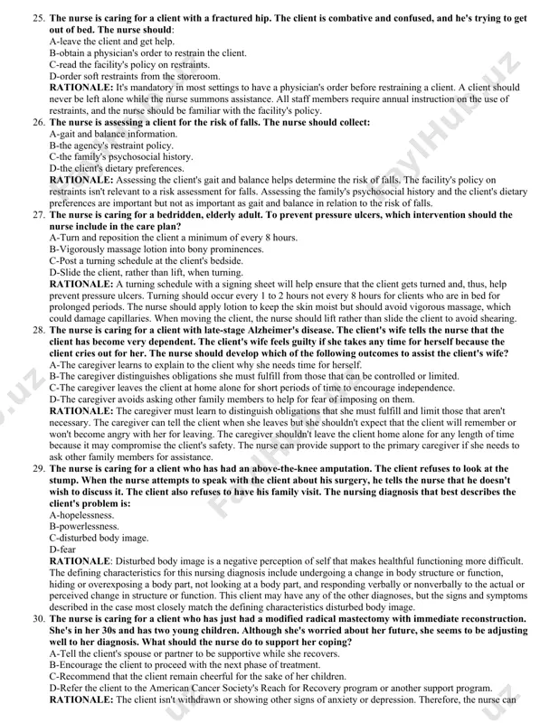 tion immediately after the menstrual period, when the breasts are least tender and least lumpy. on the 1st and last days of the cycle, the woman's breasts are still very tender. postmenopausal women, because their bodies lack fluctuation of hormone levels, should select one particular day of the month to do breast self-examination. 13. the nurse is teaching a group of women to perform breast self-examination. the nurse should explain that the purpose of performing the examination is to discover: a-cancerous lumps. b-areas of thickness or fullness. c-changes from previous self-examinations. d-fibrocystic masses. rationale: women are instructed to examine themselves to discover changes that have occurred in the breast. only a physician can diagnose lumps that are cancerous, areas of thickness or fullness that signal the presence of a malignancy, or masses that are fibrocystic as opposed to malignant. 14. the american cancer society recommends routine screening to detect colorectal …