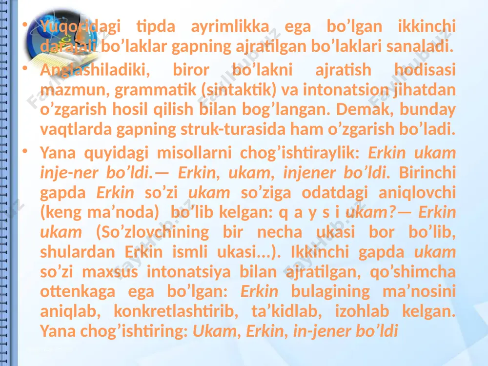 i aniq-lovchilar bilan qo’llanmaydi): biz, terimchilar, va’damizning-ustidan chiqamiz! («s. uzb.») ajratilgan izohlovchi maxsus yordamchi (ya’ni so’zi) bilan qo’llanishi ham mumkin: difterit, bo’g’ma (difterit, ya’ni bo’g’ma),. bolalarda ko’p uchraydigan kasallikdir. («s. uzb.») ajratilgan izohlovchi bilan izohlanmishning o’zaro sin-taktik aloqasi tenglanishdir (bular shu tomoni bilan uyushi^ bo’lakka o’xshasa ham, lekin uyushiq bo’lakdan tamoman boshqa ho-disadir, ularning o’ziga xos belgilari ko’p. masalan, uyushiq, bo’laklardagi sanash intonatsiyasi bularda yo’q). izohlovchi-ieohlanmish munosabatining bu ko’rinishi mate-rial (qanday so’z bilan ifodalanishi) jihatidan bir qancha ko’-rinishlarga ega: kishilik olmoshi+ot (turdosh yo atoqli ot yokv otlashgan so’z: ukam, tso’zichog’im, orom olib uxlayapti), turdosh ot+turdosh ot (duradgor, amakim, kecha mukofot oldi), turdosh ot+atoqli ot (xirurg, umarov, bu kasalning tuzalishiga ishon-di), atoqli ot+turdosh ot (solovyov, master, delegatlarga har-xil izoxlar berib turdi), atoqli ot+atoqli ot(vasilev, ser-gey ivanovich, dunyoga mashxur fiziklardan edi), atoqli ot+ta-xallus (yoki aksi): mitingda yozuvchilardan uyg’un, otaqo’ziev^ so’zga chiqdi. (...otatso’ziev, uyg’un...) yoyiq izohlovchilarda ajralish xususiyati ancha kuchli. masalan: ochilov, zavodimizda …