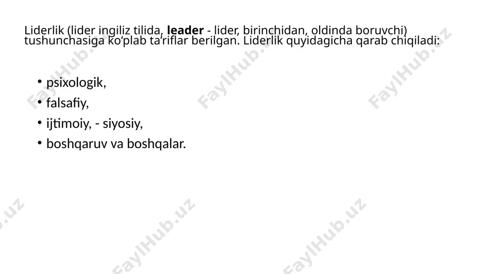 atiga va jamoadagi psixologik muhitga tobora bog‘liq bo‘lishi ayon bo‘ldi. keyinchalik esa xodimlarga ma’muriy va boshqa rasmiy ta’sir usullariga murojaat qilmasdan, xodimlarga ta’sir o‘tkaza oladigan liderlarning mavjudligiga bevosita bog‘liqligi namayon bo‘ldi. shu boisdan liderlik masalasi menejment nazariyasi va amaliyoti uchun dolzarb bo‘lib qoldi. menejmentda liderlikning ta’rifi: liderlik – bu ma’lum bir shaxsning tashkilotdagi (korxona, firmadagi), uning bo‘linmasi, guruhidagi mavqei (maqomi) bo‘lib, uni egallab turgan shaxsning boshqa odamlarga ta’sir o‘tkazishi va tashkilotning muayyan maqsadlariga erishish uchun ularni harakatga keltiruvchi liderlik qobiliyati bilan tavsiflanadi. tashkilot lideri – bu rasmiy va norasmiy boshqaruv va liderlikni samarali amalga oshiradigan shaxs. liderlik – ham ilm, ham amaliyot, ham san’atdir. boshqaruv lavozimiga (menejer) tayinlangan shaxs allaqachon lider hisoblanadi. liderlik lavozim bilan bo‘lmaydi. bu maqsaddan emas, balki insonning ta’siridan keladi. yuqori lavozim lider bo‘lish uchun ko‘proq imkoniyat beradi, lekin u o‘z o‘rnini saqlab qolganda ham ta’sirni butunlay yo‘qotish imkoniyatini istisno qilmaydi; lider – bu tadbirkor, ya’ni pul …