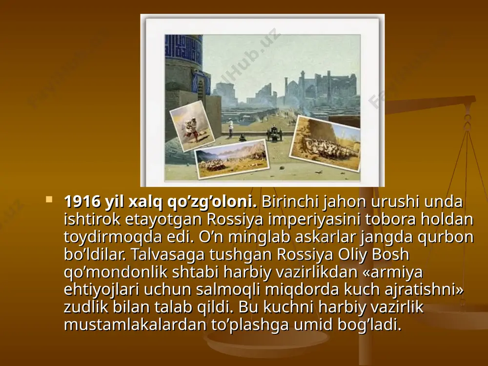 volost boshqaruvining mahkamasi oldiga to’plandi. mahkama xodimlari kaltaklandi. o’sha kuni samarqand uezdining siyob, mahalla, xo’ja ahror va angar volostlarida ham namoyishlar bo’lib o’tdi. 11 iyulda toshkentda katta g’alayon boshlanib ketdi. hunarmandlar, ishchilar, shahar kambag’allari va shahar atrofidagi dehqonlar beshyog’ochdagi politsiya boshqarmasi tomon yo’l oldilar. bu erda qo’g’olonchilarning katta guruhi to’plandi. namoyishchilar «bolalarimizni bergandan ko’ra o’zimiz o’lganimiz yaxshiroq, podsho o’lib ketsin» deya maydonni larzaga keltirib qichqirdilar. mahalliy aholi faollaridan yo’lchi ibrohimov (ko’nchi), g’ulom kamolov (g’isht teruvchi), ishchi ayol zuhrabibi musaeva va boshqalar xalqni podshoh hukumatiga qarshi qat’iy kurash boshlashga da’vat etdilar. «ur, politsiyachilarni!» degan qichqiriqlar bilan boshqarmaga hujum qildilar. qamal va otishma boshlanganidan bir soat keyin yordamga jazo qo’shini etib keldi. kazak qismlari 5 kishini otib o’ldirishdi, 15 kishi yarador bo’ldi.
