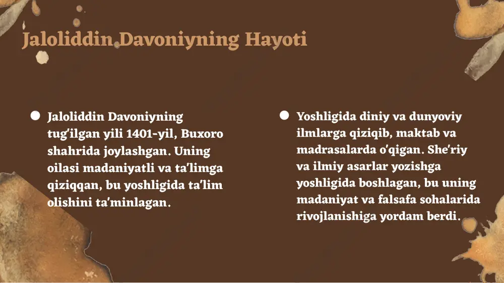 o'rganish muhimdir. ilhomlantirishga chaqiraman. foydalanilgan adabiyotlar 1. nursultanov, s. (2020). jaloliddin davoniyning ijodi va ta'siri. o'zbekiston milliy kitobxonasi, 15(3), 45-52. 2. qodirov, a. (2018). o'zbek adabiyotida jaloliddin davoniyning roli. toshkent davlat universiteti nashriyoti. 3. ismoilov, m. (2019). davoniyning ilmiy va badiiy merosi. o'zbekiston fanlar akademiyasi, ilmiy nashrlar, 7(1), 112-120. 4. tursunov, b. (2021). jaloliddin davoniyning hayoti va ijodiy faoliyati. adabiyot va san'at, 8(2), 23-30. 5. yuldashev, s. (2017). o'zbek adabiyotida davoniyning ta'siri. samarqand davlat universiteti nashriyoti. e'tiboringiz uchun rahmat! image1.png image2.png image3.png image4.png image5.png image10.jpg image7.jpg image11.jpg image6.png image12.jpg image9.png