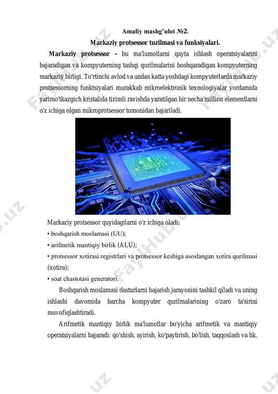 ha soni. • mgts chastotasi. soat soniyadagi takt soniga teng. soat tsikli - bu gts ning joriy pulsining boshlanishi va keyingisining boshlanishi o'rtasidagi vaqt oralig'i. odatda mikroprotsessorli soat chastotalari: 40 mgts, 66 mgts, 100 mgts, 130 mgts, 166 mgts, 200 mgts, 333 mgts, 400 mgts, 600 mgts, 800 mgts, 1000 mgts va boshqalar. , unga ko'ra ushbu protsessor ishlab chiqarilgan. bundan tashqari, u kompyuterni xarakterlaydi, shuning uchun mikroprotsessor modeli nomi bilan siz kompyuterning qaysi sinfiga tegishli ekanligi haqida to'liq tasavvurga ega bo'lishingiz mumkin. shuning uchun kompyuterlarga ko'pincha ularni tashkil etuvchi mikroprotsessorlarning nomlari beriladi. quyida eng mashhur intel protsessorlarining nomlari va ularni yaratish yillari keltirilgan: 8080 (1974), 80286 (1982), 80386dx (1985), 80486dx (1989), 80586 yoki pentium (1993). ), pentium pro (1995), pentium ii (1997), pentium iii (1999), pentium iv (2001). ko'rib turganingizdek, chastotani oshirish mikroprotsessorlar rivojlanishining asosiy tendentsiyalaridan biridir. ommaviy kompyuterlar bozorida protsessor ishlab chiqaruvchilari orasida etakchi o'rinni ikkita kompaniya egallaydi: …