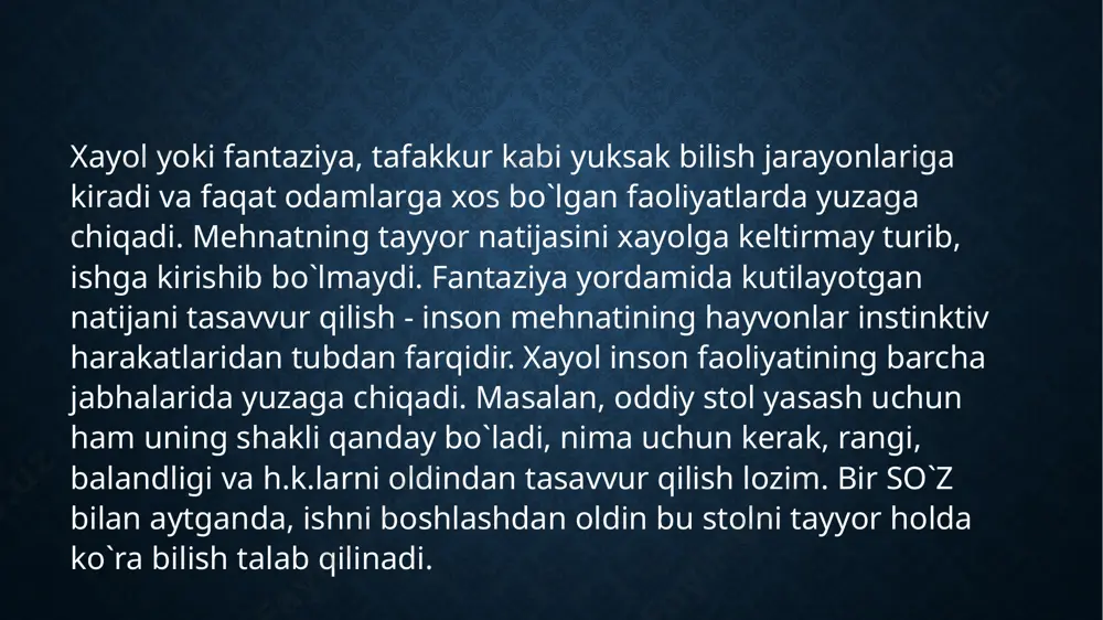 nik, badiiy va boshqa ijodiyotning ajralmas qismini tashkil qiladi. xayol – bu real voqelikni aks ettiruvchi taassurotlarni, qayta tuzish va shu asosda yangi taassurotlarni yaratish jarayoni. xayol – bu obraz, tasavvur yoki g‘oya shaklidagi yangilik yaratishning psixik jarayoni. xayol obrazlari idrok obrazlari va xotira tasavvurlaridan ularda inson hali duch kelmaganlari aniqlanishi va shu tarkibda bo‘lishi bilan farq qiladi. bular inson ko‘z o‘ngida sodir bo‘lmagan va bo‘lishi mumkin bo‘lmagan hodisalar, dalillar, voqealardir. xayol obrazlari o‘zida sodir bo‘lishi kutilgan voqea va hodisalarni tutishi mumkin. shu bilan birga, xayollarda kashf etilgan yangilik doimo haqiqatda mavjud bo‘lganlar bilan u yoki bu darajada bog‘langan bo‘ladi. xayol obrazlari idrok obrazlariga, shuningdek, xayolda chuqur o‘zgarishlarga uchraydigan xotira tasavvurlariga ham tayanadi. insonning individual taraqqiyoti jarayonida xayol tafakkur bilan uzviy aloqada shakllanadi. xayol obrazlarini tuzish inson aqliy taraqqiyotining yuqori darajasidagina amalga oshishi mumkin. ko‘p hollarda xayol yangi echimni topish zaruriyati tug‘ilganida, ya’ni, harakatdan o‘zib ketgan holda aks ettirish talab …