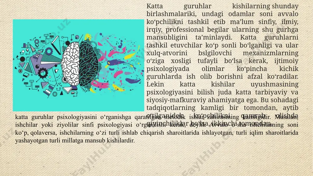 uyda o‘tiradigan ayollar, endigina savod olish maqsadida savodxonlik kurslarida o‘qiyotgan ayollar hamda pedagogika bilim yurtlarida ta’lim olayotgan qizlar o‘rtasida farq bor-yo‘qligini tekshirishdi. tadqiqot asosan o‘z-o‘zini analiz qilish metodi yordamida o‘tkazilgan bo‘lib, ayollarga turli savollar orqali o‘z shaxsiga xos xususiyatlarni, o‘zidagi etakchi sifatlarni aniqlash va ba’zi psixologik holatlarga baho berish topshirig‘i berildi. lekin javoblarning sifati, to‘liqligi ayollarning bilim saviyasiga va ijtimoiy aloqalar tizimida tutgan o‘rniga bog‘liq bo‘lib chiqdi. uyda o‘tirgan ayollar ko‘p hollarda qo‘yilgan savolni ham anglamasliklari ma’lum bo‘ldi. luriya shu narsaga iqror bo‘ldiki, o‘zbeklardagi ong asosan boshqa odamlar fikriga bog‘liq ekanligi, tobelik psixologiyasi kuchliligini aniqladi. masalan, ayollarga o‘zidagi yomon sifatlarni aytish topshirig‘i berilganda, ular yomon ko‘shnilarni ko‘rsatishar va umuman o‘z-o‘zini baholashdan ko‘ra boshqalarni baholash, ularga sifat harakteristikalari berish ancha engil tuyulardi. yuqorida ta’kidlaganimizdek a.r. luriyaning asosiy maqsadi milliy psixologik xususiyatlarni o‘rganishda tarixiy prinsipga tayanish lozimligini isbotlash hamda milliy psixologiyasining hayo tarziga, shaxsning jamiyatda kishilar munosabatlari tizimida tutgan o‘rniga bevosita bog‘liqligini …