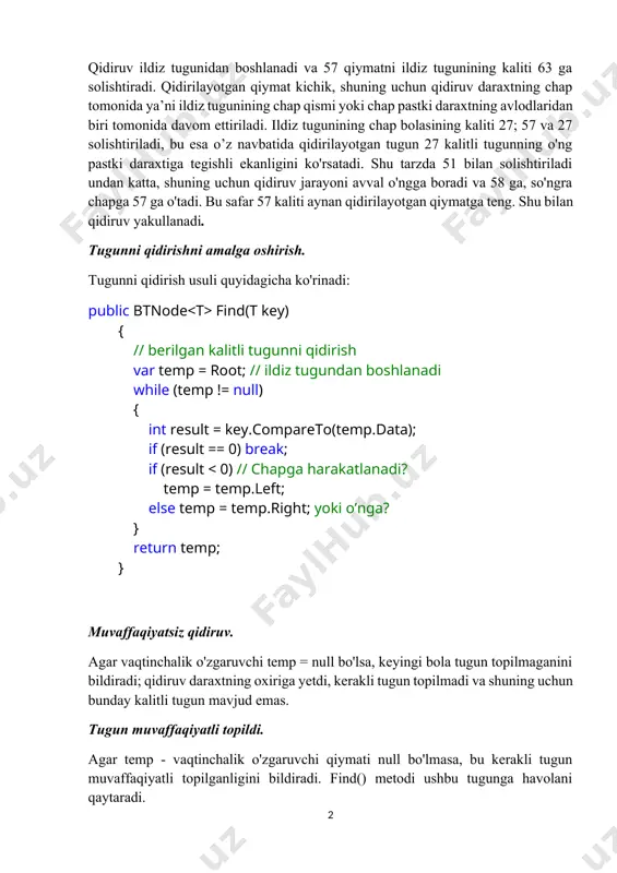 t == 0) return; if (result node = find(data); if (node == null) { return; } //agar tugun avlod tugunga ega bo’lmasa uni o’chirish mumkin if (node.left == null && node.right == null) { if (node.nodeside == side.left) { node.parent.left = null; } else { node.parent.right = null; } return; } // agar chap bola tugun yo’q bo’lsa, u xolda //o’ng bola tugun o’chirilgan tugun o’rniga qo’yiladi if (node.left == null) { if (node.nodeside == side.left) { node.parent.left = node.right; } else { node.parent.right = node.right; } node.right.parent = node.parent; return; } //agar o’ng bola tugun yo’q bo’lsa, u xolda chap //bola tugun o’chirilgan tugun o’rniga qo’yiladi if (node.right == null) { if (node.nodeside == side.left) { node.parent.left = node.left; } else { node.parent.right = node.left; } node.left.parent = node.parent; return; } //agar ikki bola tugun ham mavjud bo’lsa, //o’ng bola tugun o’chiriladigan tugun o’rniga //chap bola tugun esa o’ng …