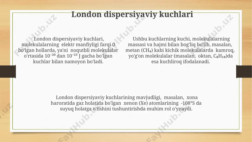 ekulalari orasidagi vodorod bog'lanishlari kuchsiz bo'lsa-da, ularning soni ko'pligi tufayli, masalan, muzning zichligi suvning zichligidan kamroq bo'lishiga olib keladi. vodorod bog'lanishi suvning g'ayrioddiy yuqori qaynash temperaturasi (100°c) ga ega bo'lishining asosiy sabablaridan biri bo'lib, yer yuzidagi hayotning mavjudligi uchun muhim ahamiyatga ega. e'tiboringiz uchun rahmat @taqdimot_robot image3.png image4.png