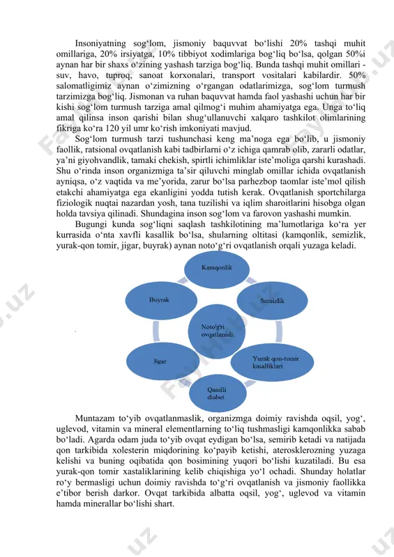 torda har bir inson jismoniy tarbiya va sport bilan shug‘ullanib borishi zarur. badantarbiya va harakat ta’sir jihatidan har qanday dorining o‘rnini bosishi mumkin, ammo dunyodagi jamiki dori-darmon harakatchalik ta’sir ko‘rsata olmaydi deb ta’kidlab o‘tgan edi terkveto tasso. shunday ekan, har birimiz har doim sog‘lom ovqatlanish bilan bir qatorda jismoniy harakatda bo‘lmog‘imiz lozim. me’yor – hamma narsaning otasidir deb aytib o‘tgan edi gippokrat. ovqatlanishda ko‘p iste’mol qilish ham, kam iste’mol qilish ham bizning salomatligimiz uchun salbiy oqibatlarga olib kelishi mumkin. biz sog‘lom turmush tarziga amal qilmoqchi ekanmiz albatta, ovqatlanishda ham me’yorga amal qilmog‘imiz lozim. shunday yeginki, tanang uyi nogahon, ortig‘u kamlikdan bo‘lmasin vayron – degan edi abdurahmon jomiy. kuchimizni qirqadigan darajada emas, balki kuchimizga kuch qo‘shadigan darajada yeb ichaylik – degan edilar sitseron. insoniyatning sog‘lom, jismoniy baquvvat bo‘lishi 20% tashqi muhit omillariga, 20% irsiyatga, 10% tibbiyot xodimlariga bog‘liq bo‘lsa, qolgan 50%i aynan har bir shaxs o‘zining yashash tarziga bog‘liq. bunda tashqi …