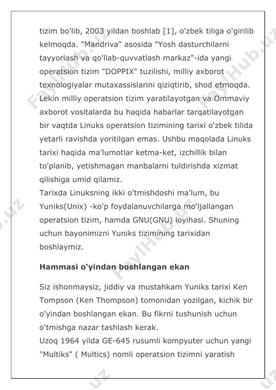 tetida operatsion tizimning o'zgargan shakli bsd (berkeley software distribution) nomini olib, hozirgi freebsd nomli dongdor operatsion tizimning boshlanishi bo'lgan. 1980 yili darpa agentligiga arpanet (internet ajdodi)tarmog'ini rivojlantirish uchun quvvatli kompyuterlar kerak bo'lgan. yangi kompyuterlarga tcp/ip bayonnomasini amalga oshiradigan operatsion tizim kerak bo'lganligi uchun darpa agentligi bsd tizimini tanlagan. bo'lgan voqea yuniks rivojlanishiga ijobiy ta'sirini o'tkazgan va u internetning asosiy tizimiga aylanib qolgan. shunday qilib, 80 yillarda yuniks tizimi rivojlanib, uning juda ko'p turlari yaratilgan. tarixda hatto "yuniks urushlari" degan termin vujudga kelgan. barcha ma'lumot erkin va ochiq bo'lishi kerak linuksning ikkinchi poydevori - gnu loyihasidir. vaqt o'tib, yuniks xx asrning 80-yillarida qimmatbaho tijorat mahsulotga aylanib qolgan yedi. dasturchilar mahfiy guruhlarga bo'linib, bir-birlaridan yangiliklarni sir tutishgan. bu holatga qarshi chiqqan massachusets texnologik institutining talabasi va xakeri richard stolmen (richard stallman) erkin va ochiq operatsion tizimni yaratishga kirishadi. xakerlarning "barcha ma'lumot erkin va ochiq bo'lishi kerak" degan ma'lum ta'limotining tarafdori stolmen o'zining …