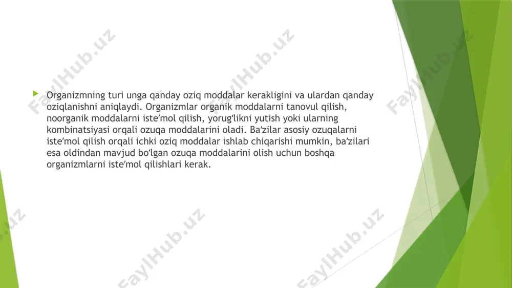 oʻrin tutadi. kon va toʻqimalarda normal miqdorda suyuklik saqlab turish uchun osh tuzi boʻlishi shart, u siydik ajralib chiqishiga, nerv sistemasi faoliyatiga, qon aylanishiga taʼsir qiladi, meʼda bezlarida xlorid kislota hosil boʻlishida ishtirok etadi. suyak skeleti odam gavdasi ogʻirligining taxminan ½—1/3 qismini tashkil etadi, suyaklarning 2/3 qismi esa mineral tuzlardan tashkil topgan. odam organizmida boʻladigan jami kalsiyning 99% suyak toʻqimasi tarkibiga kiradi: qolgan 1% kalsiy moddalar almashinuviga taalluqli xil-ma-xil jarayonlarda ishtirok etadi. kalsiy tuzlari deyarli barcha oziq-ovqat mahsulotlarida bor, lekin odam organizmi ularni hamma mahsulotlardan ham oʻzlashtirib olavermaydi. organizmni zarur miqdorda kalsiy tuzlari bilan taʼminlab turish uchun ovqat ratsioniga tarkibida organizmga yaxshi singadigan kalsiy koʻp mahsulotlar: sut va sut mahsulotlari, pishloq, tuxum sarigʻi va boshqalarni qoʻshish kerak. vitaminlar ratsionning juda muhim va oʻrnini bosib boʻlmaydigan tarkibiy kismidir. ular organizmning normal hayot faoliyatini taʼminlab turadi, boshqa oziq moddalarning oʻzlashtirilishi jarayonida ishtirok etadi; organizmning tashqi muhitdagi turli zararli taʼsirotlarga koʻrsatadigan qarshiligini kuchaytiradi, …